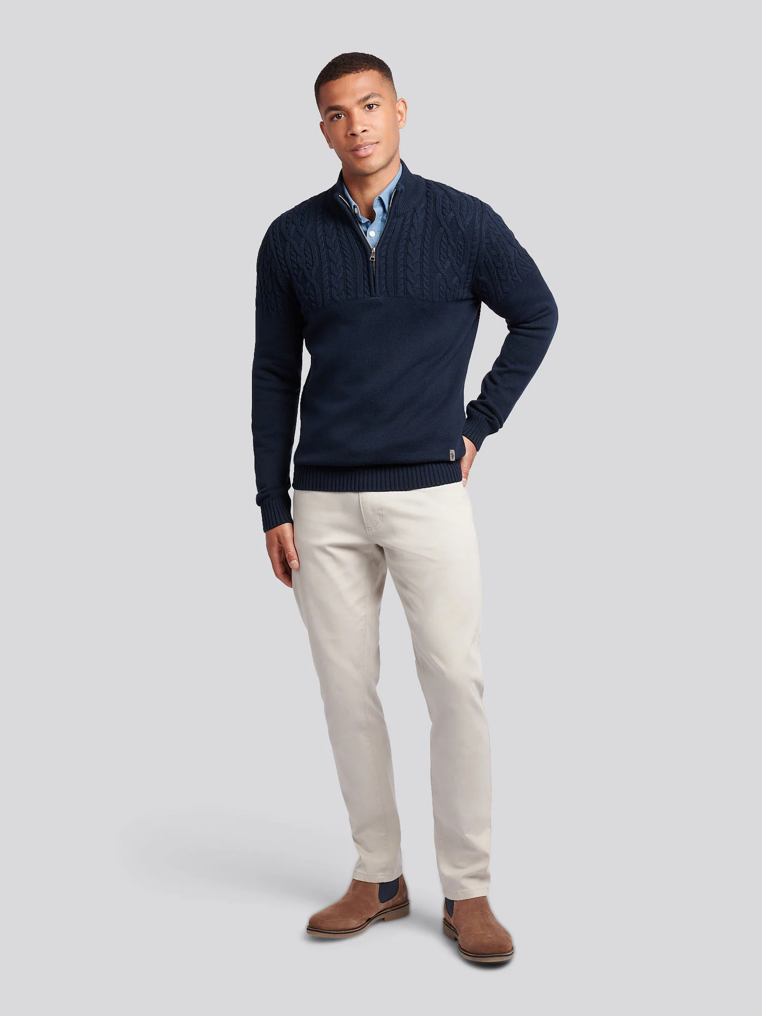 Mens Aran Mix Knit Funnel in Dark Sapphire Navy - Image 3
