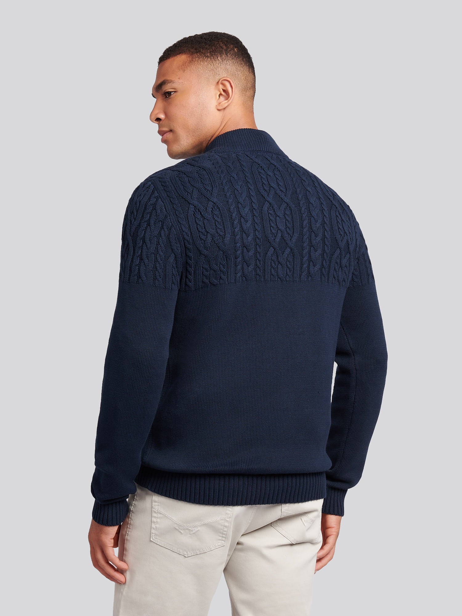 Mens Aran Mix Knit Funnel in Dark Sapphire Navy - Image 4