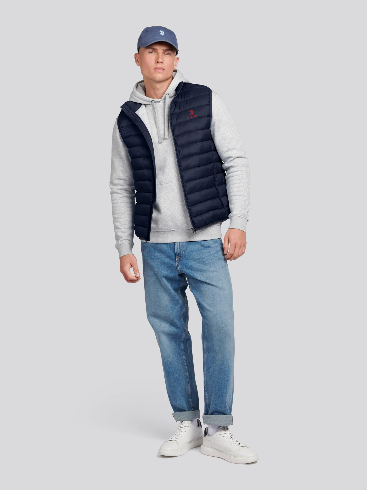 Mens Bound Quilted Gilet Dark Sapphire Navy / Haute Red DHM - Image 3
