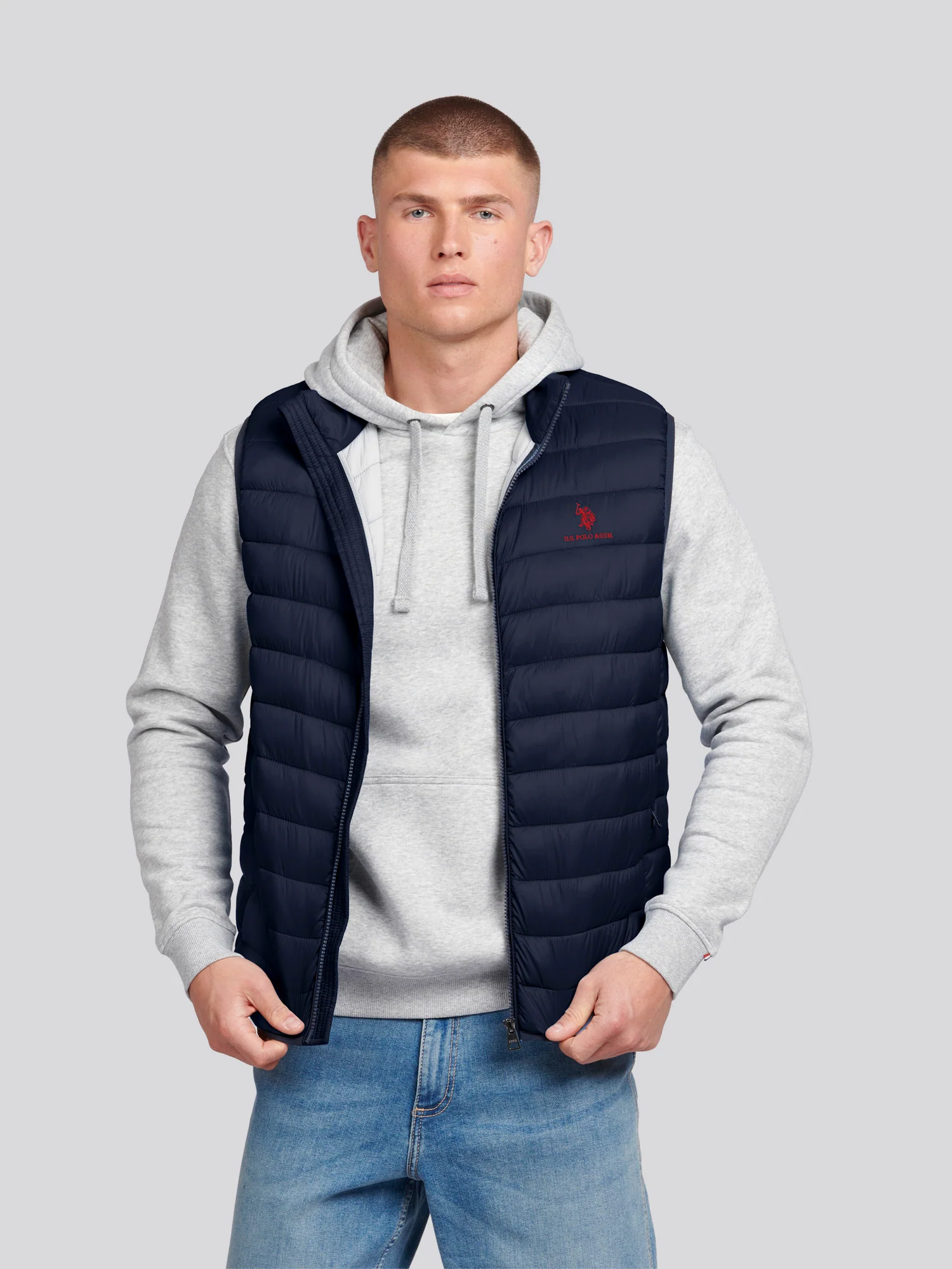 Mens Bound Quilted Gilet Dark Sapphire Navy / Haute Red DHM - Image 5