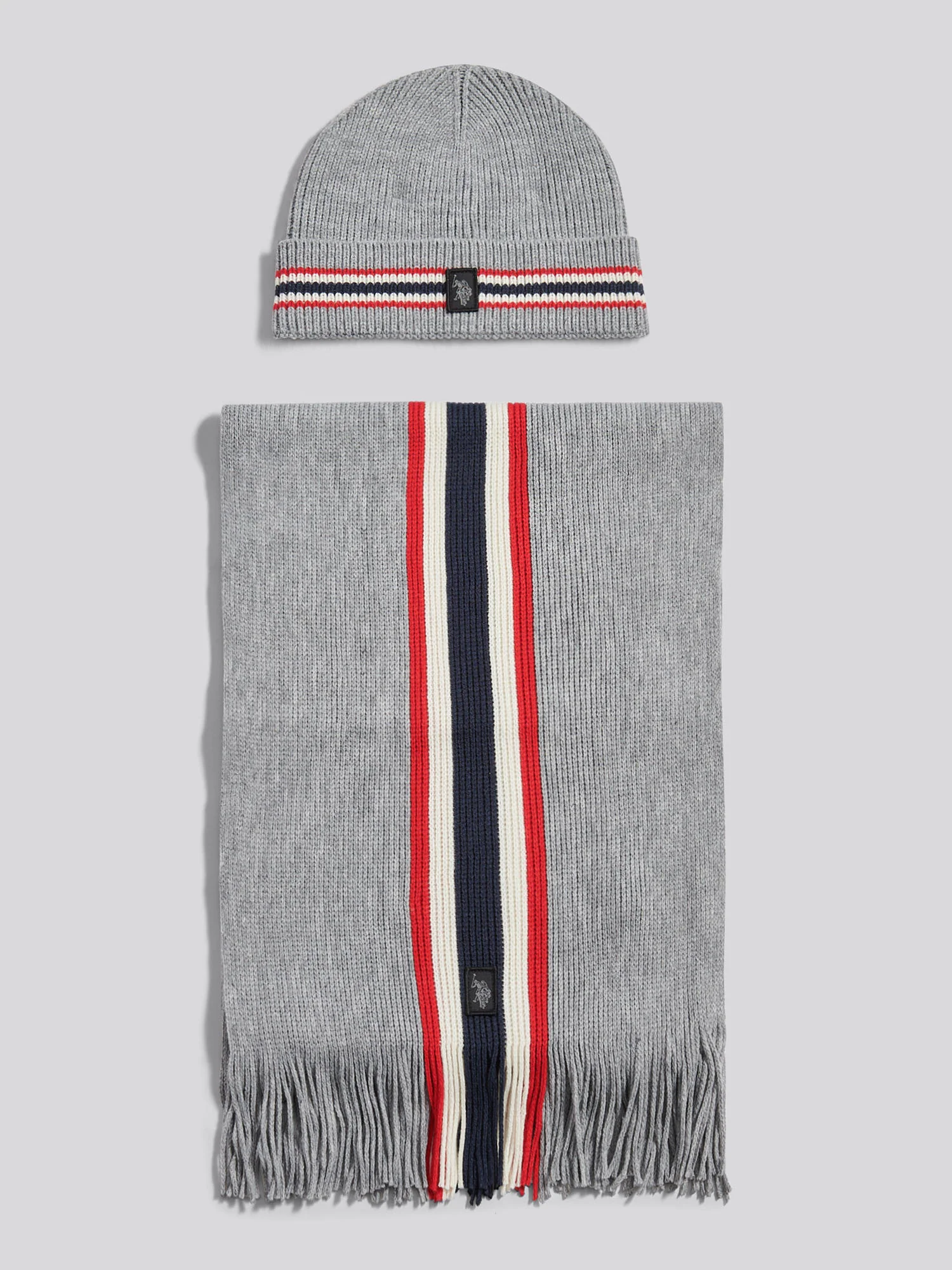 Mens Brand Stripe Beanie & Scarf Box Set in Mid Grey Marl