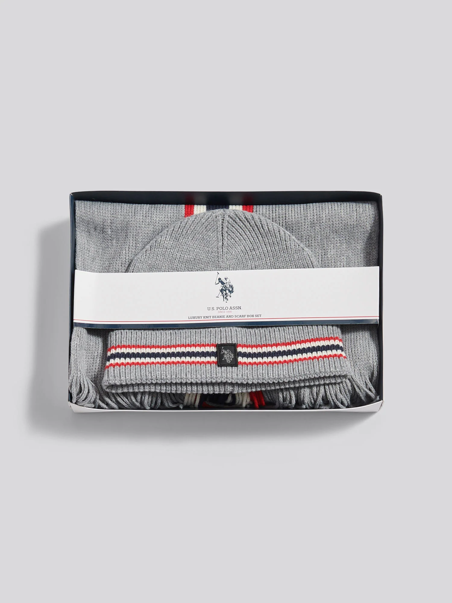 Mens Brand Stripe Beanie & Scarf Box Set in Mid Grey Marl - Image 2