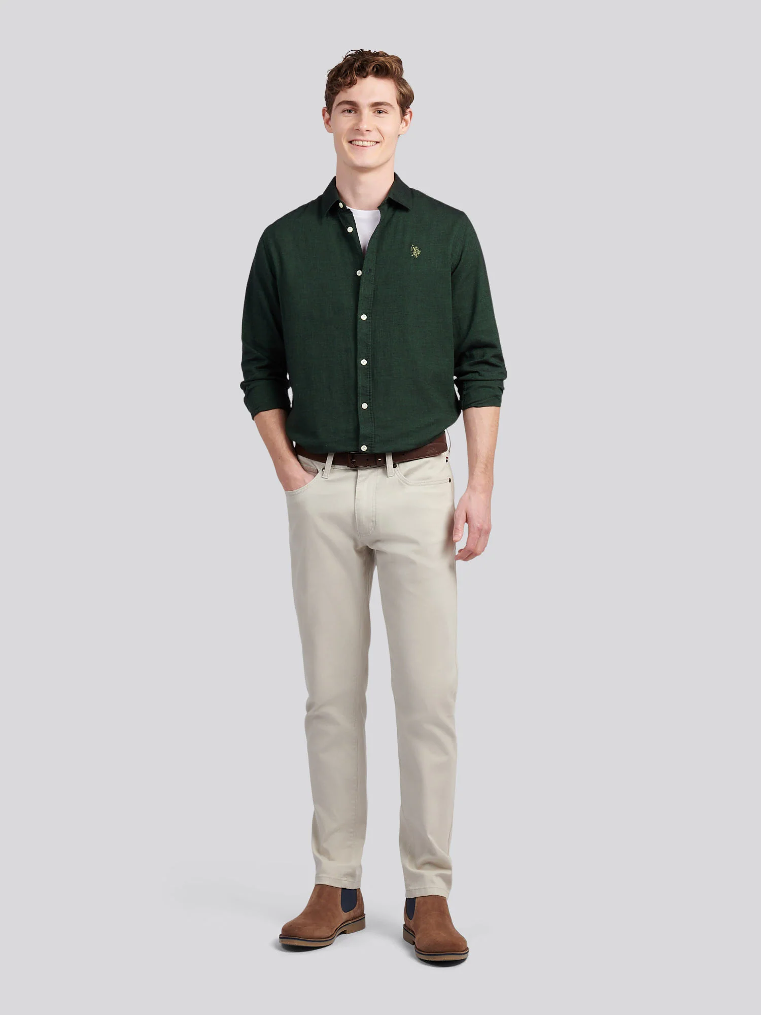 Mens Brushed Dobby Shirt in Pineneedle - Image 3