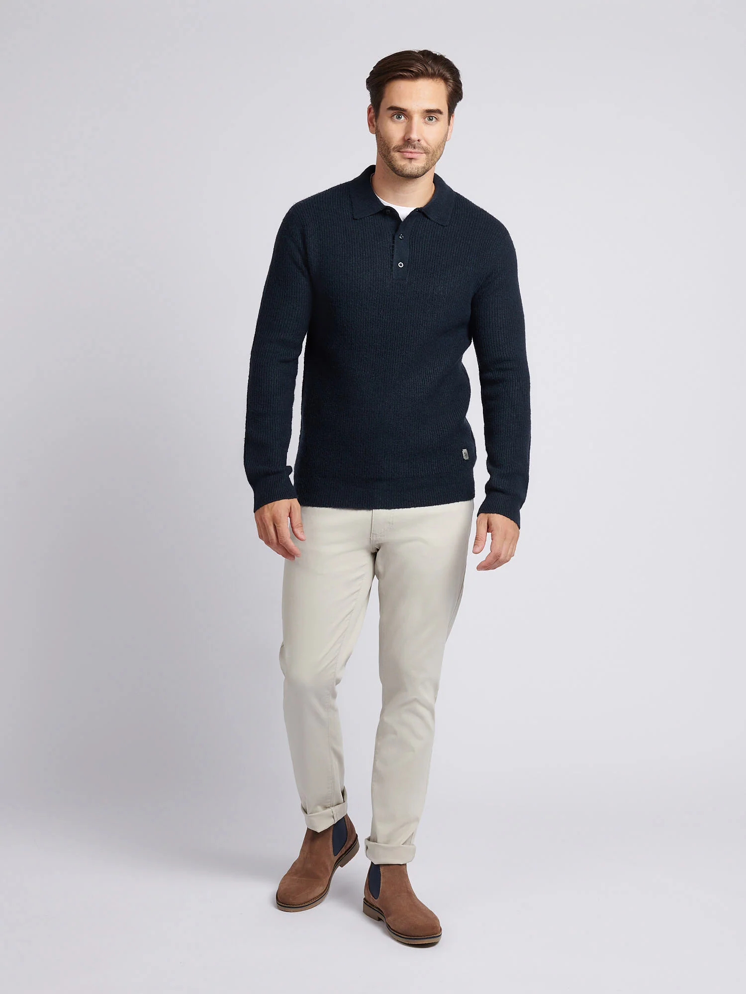Mens Brushed Knit Long Sleeve Polo Shirt in Dark Sapphire Navy - Image 3