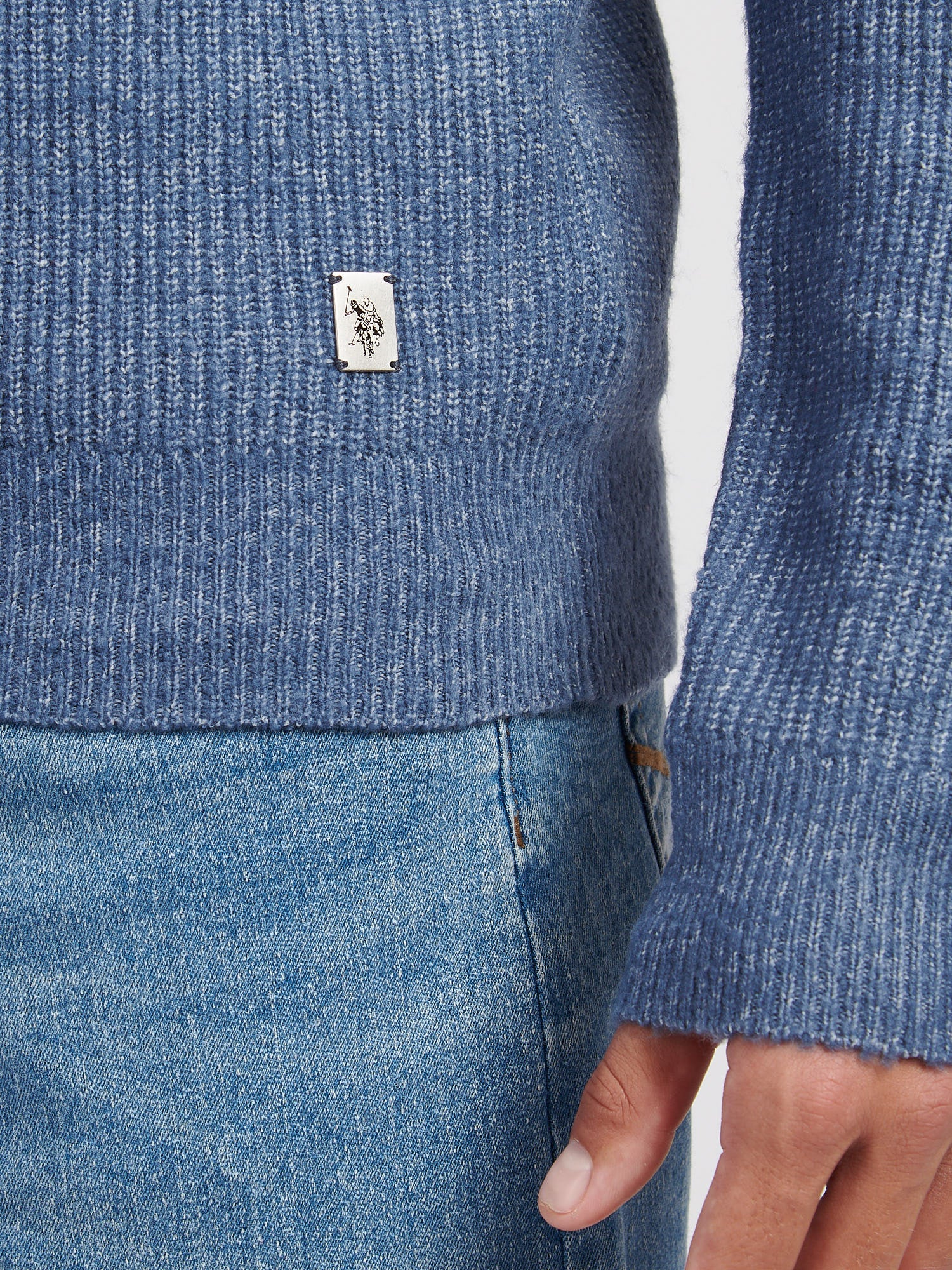 Mens Brushed Knit Long Sleeve Polo Shirt in Vintage Indigo - Image 2