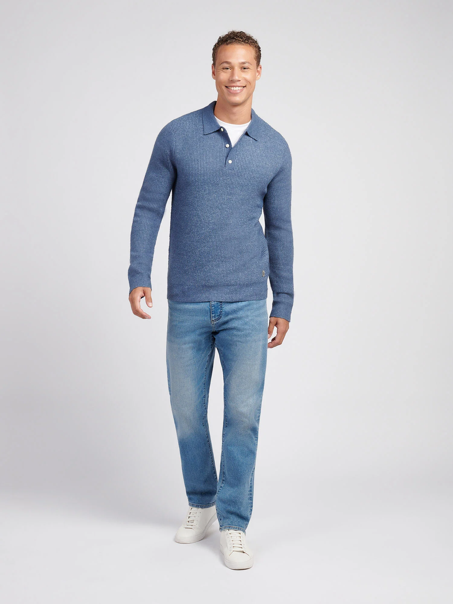 Mens Brushed Knit Long Sleeve Polo Shirt in Vintage Indigo - Image 3