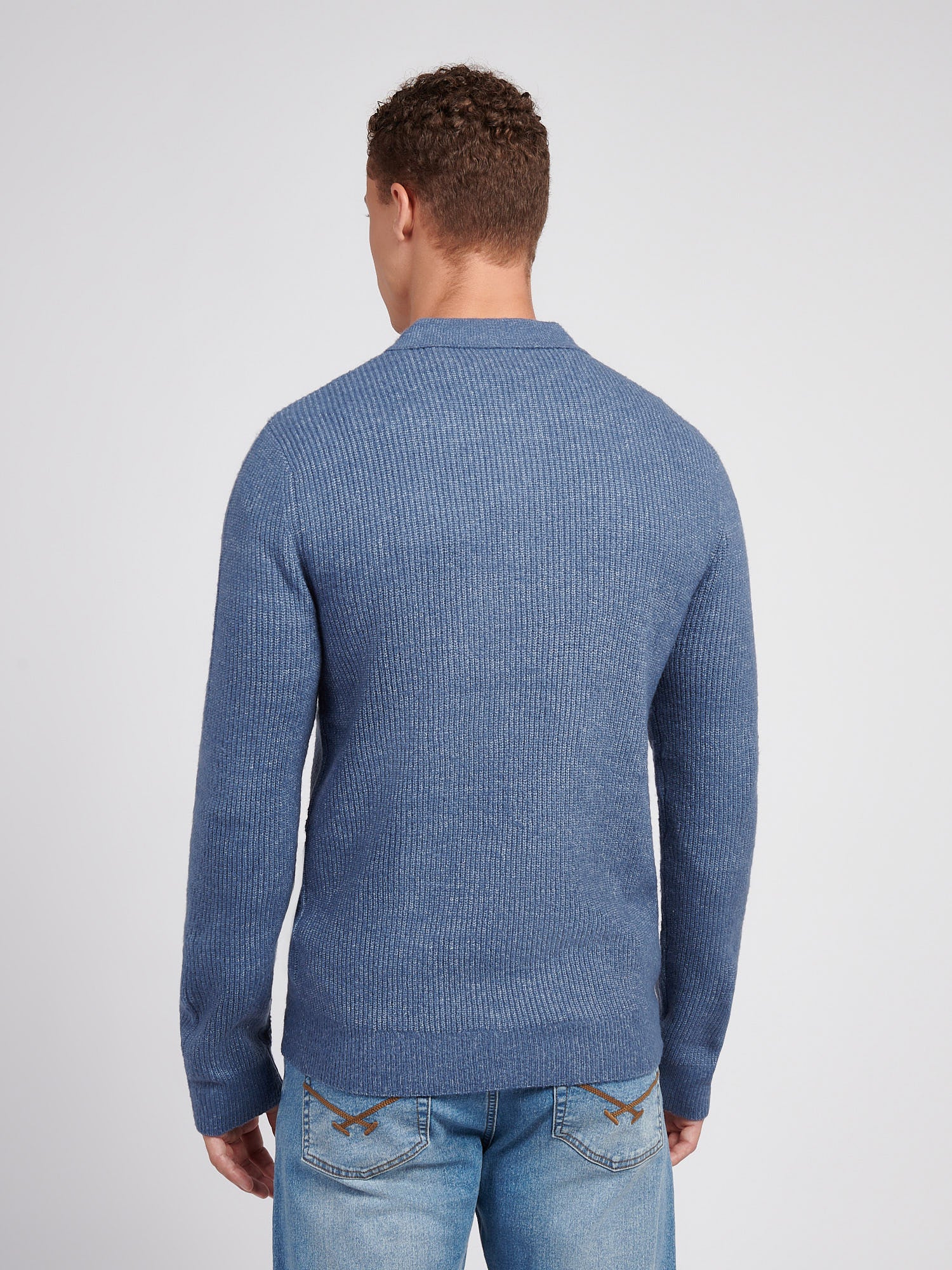 Mens Brushed Knit Long Sleeve Polo Shirt in Vintage Indigo - Image 4