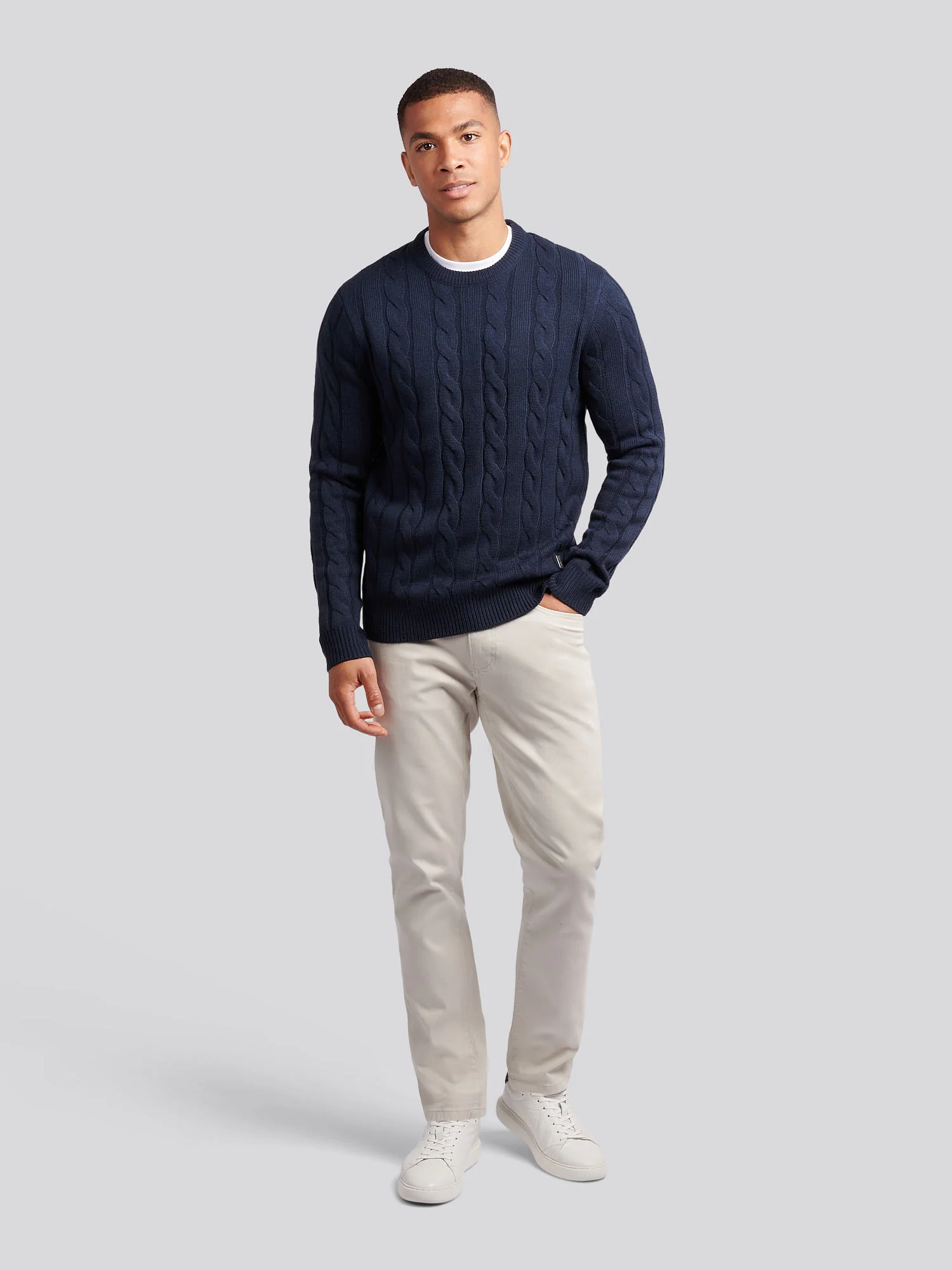 Mens Cable Knit Crew in Dark Sapphire Navy - Image 3