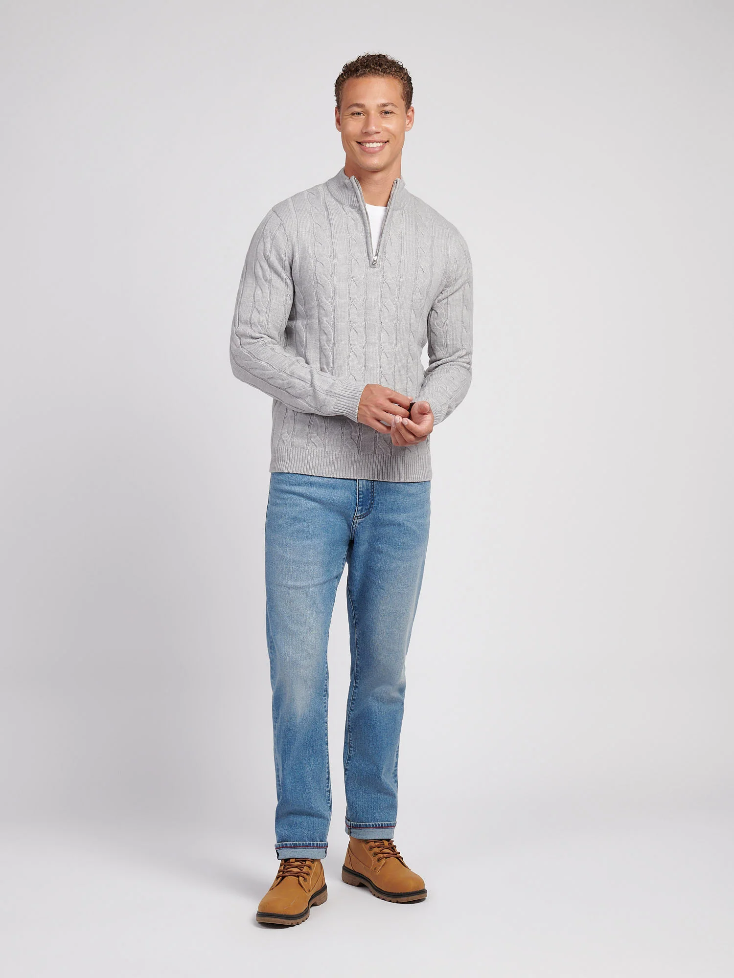 Mens Cable Knit Funnel in Vintage Grey Heather - Image 3
