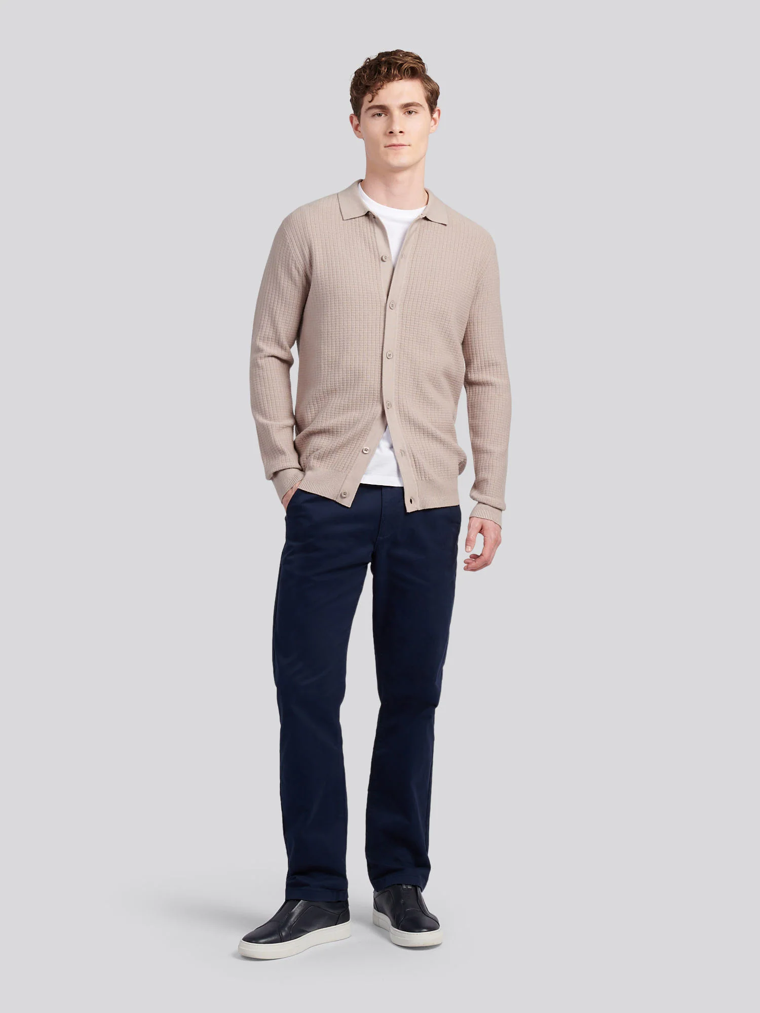 Mens Check Texture Button Thru Long Sleeve Polo Shirt in Atmosphere - Image 3