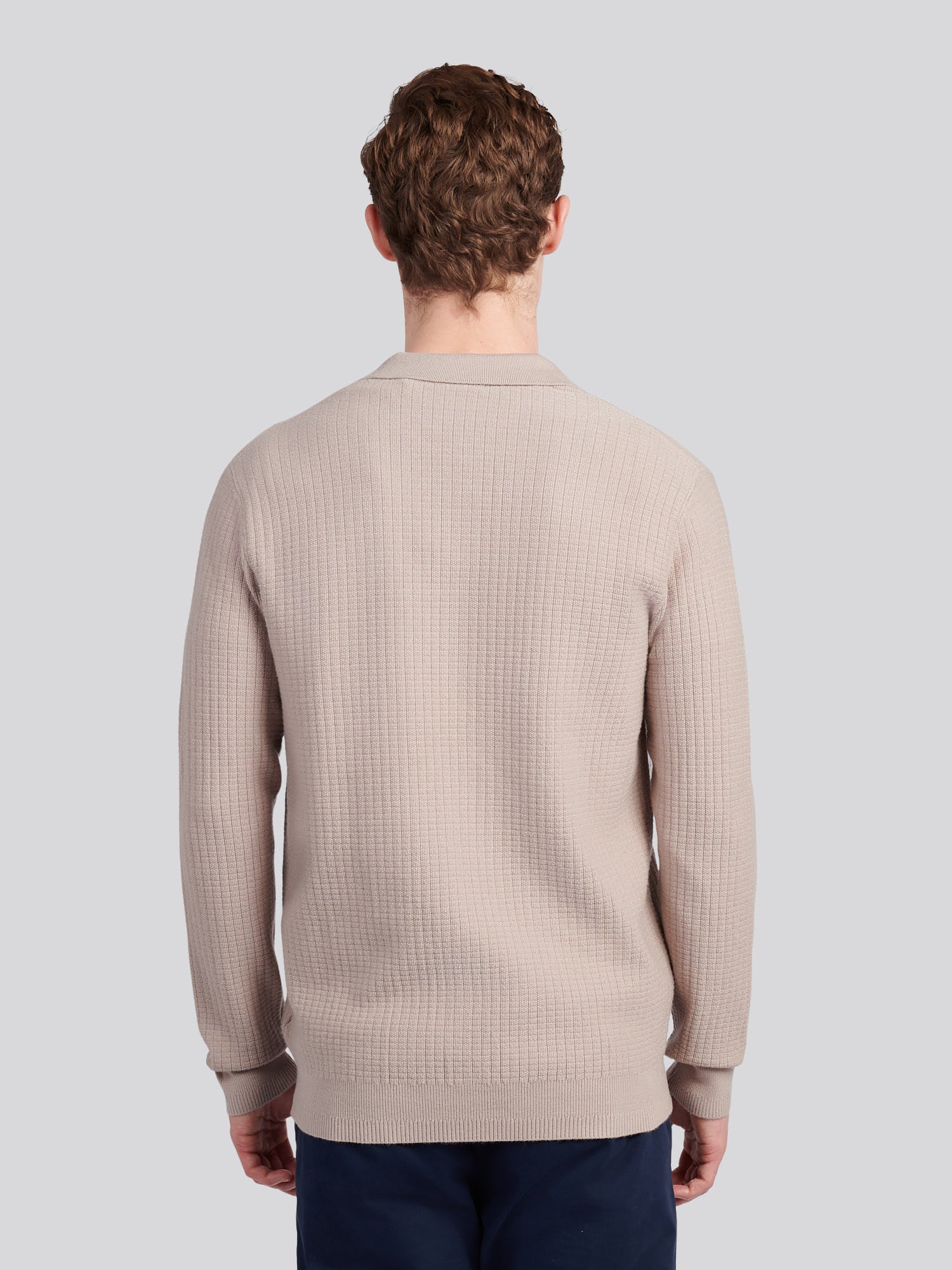 Mens Check Texture Button Thru Long Sleeve Polo Shirt in Atmosphere - Image 4