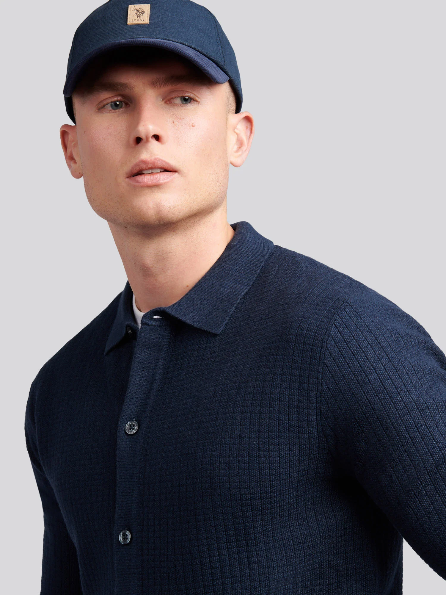 Mens Check Texture Button Thru Long Sleeve Polo Shirt in Dark Sapphire Navy - Image 2