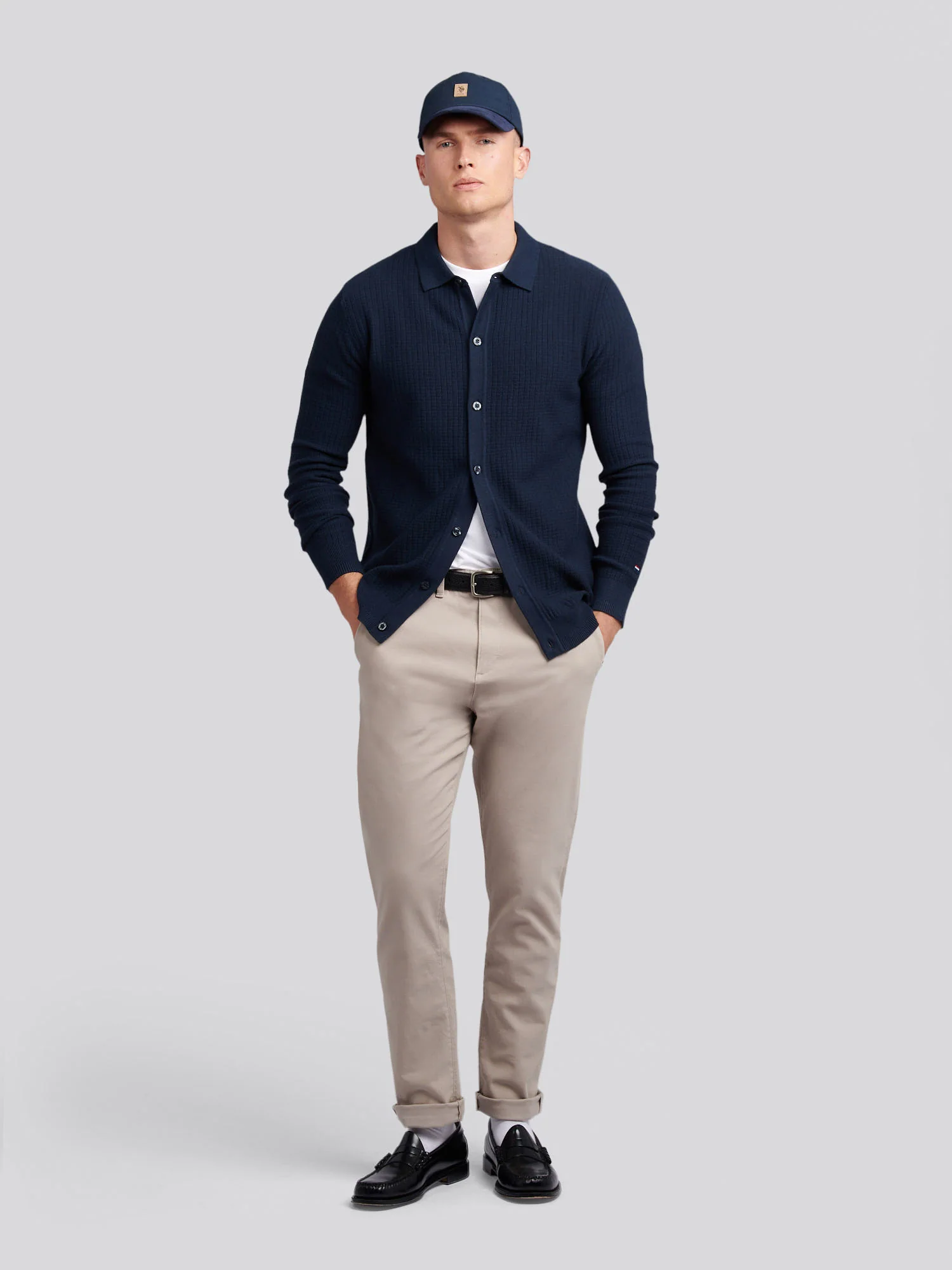 Mens Check Texture Button Thru Long Sleeve Polo Shirt in Dark Sapphire Navy - Image 3