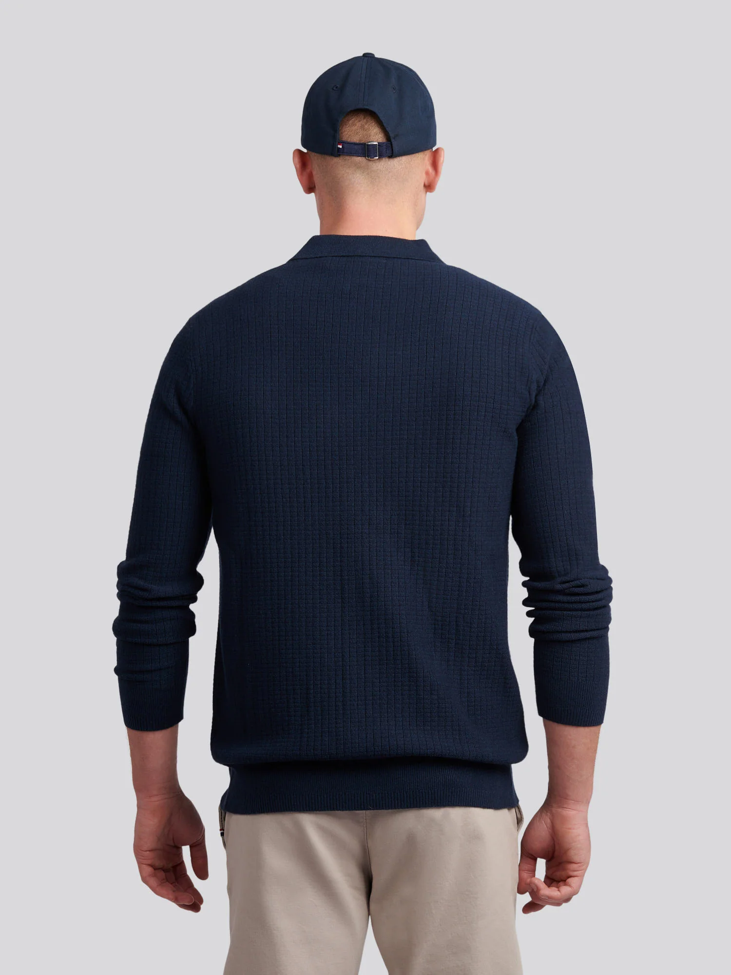 Mens Check Texture Button Thru Long Sleeve Polo Shirt in Dark Sapphire Navy - Image 4