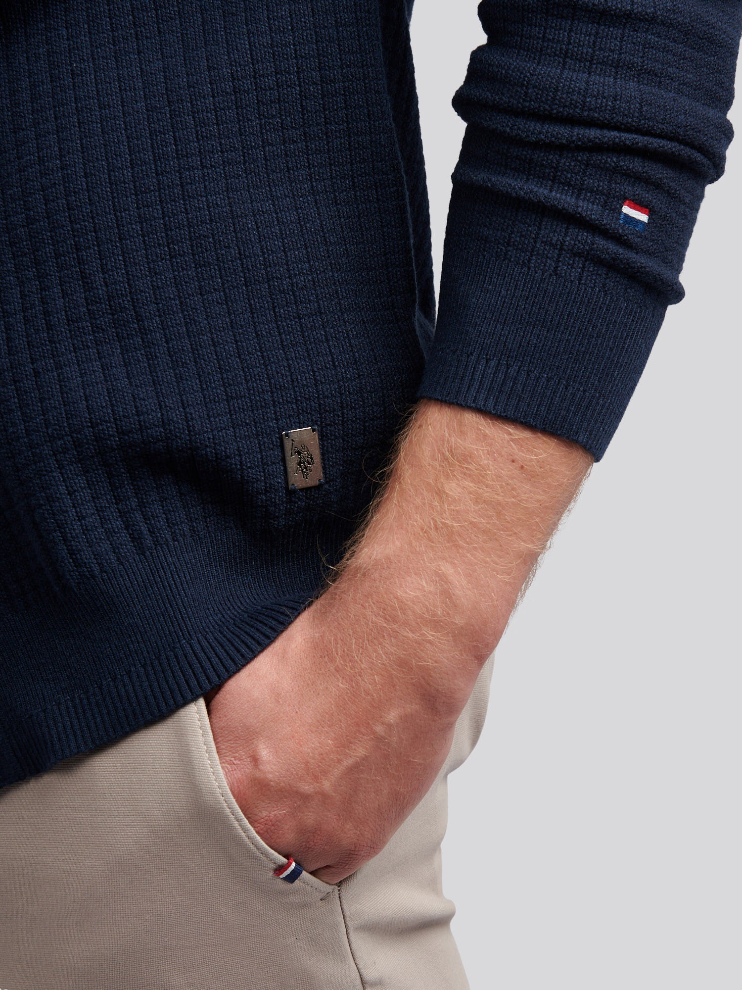 Mens Check Texture Button Thru Long Sleeve Polo Shirt in Dark Sapphire Navy - Image 5