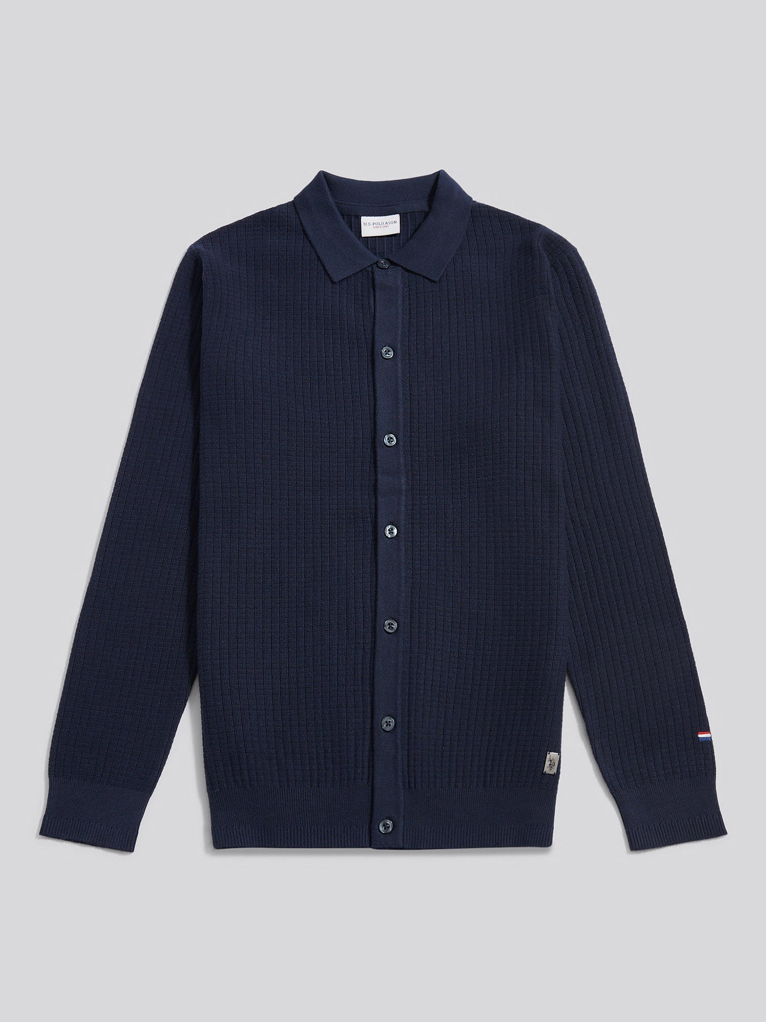 Mens Check Texture Button Thru Long Sleeve Polo Shirt in Dark Sapphire Navy - Image 6