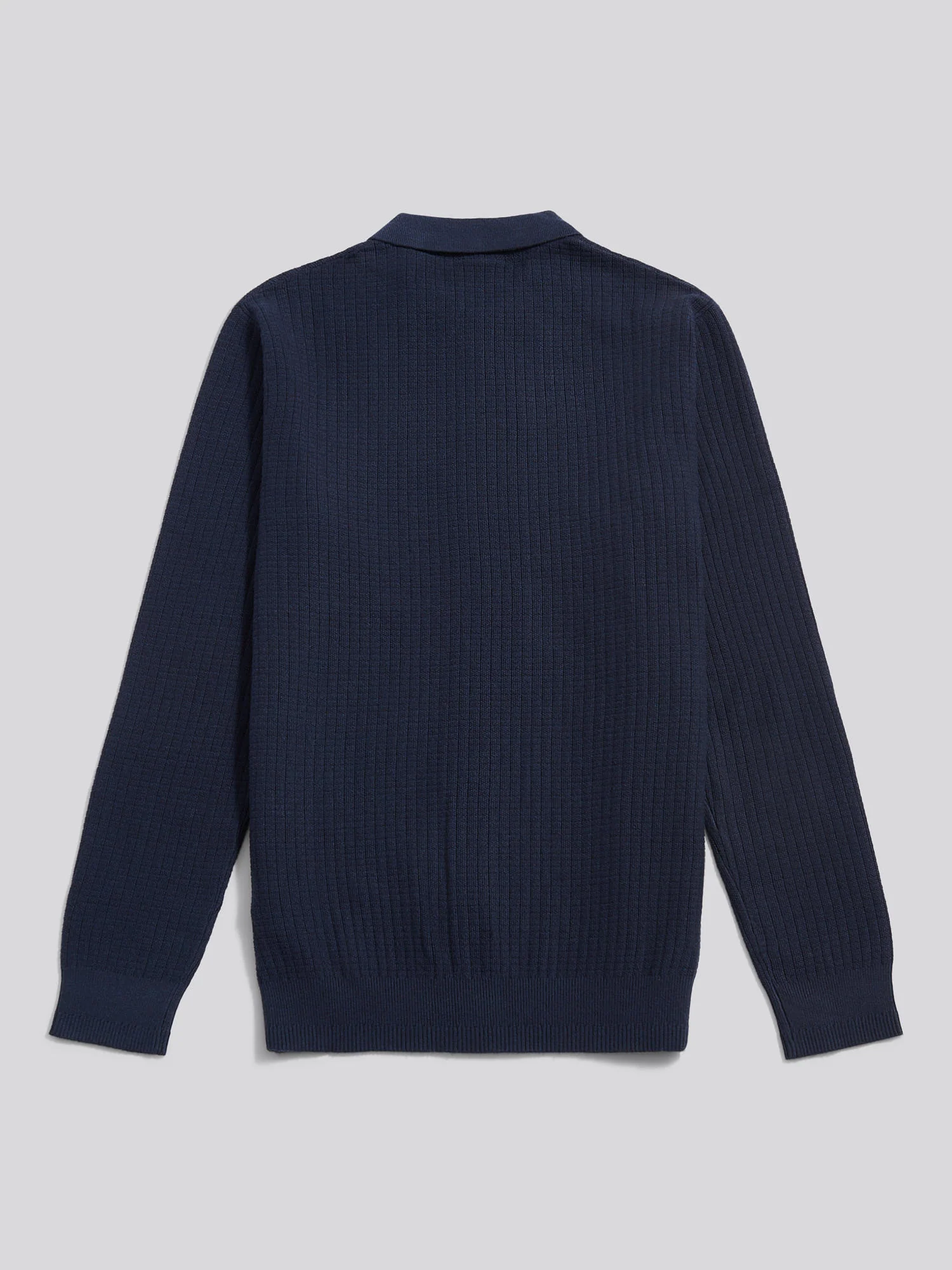 Mens Check Texture Button Thru Long Sleeve Polo Shirt in Dark Sapphire Navy - Image 7