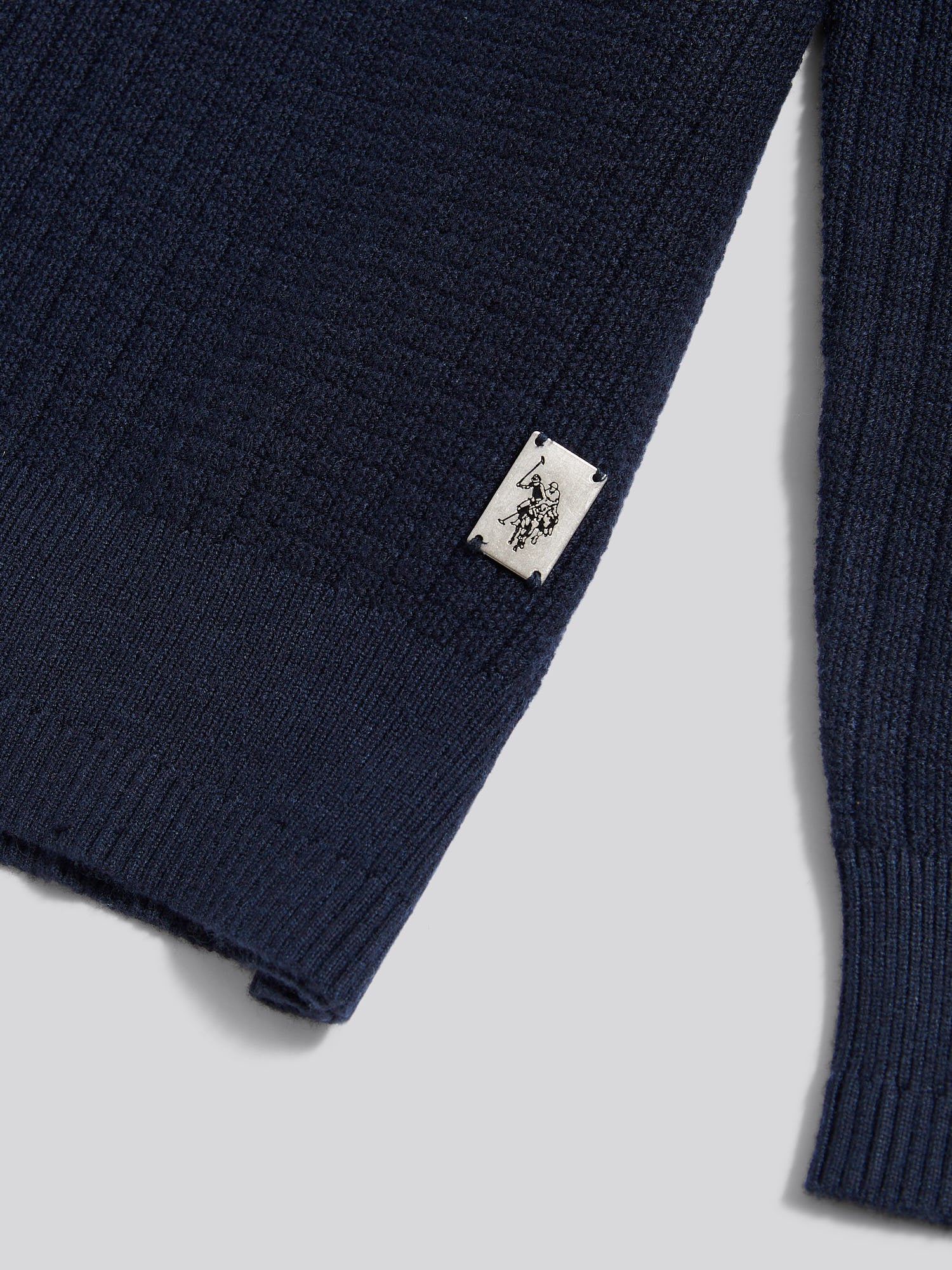 Mens Check Texture Button Thru Long Sleeve Polo Shirt in Dark Sapphire Navy - Image 8