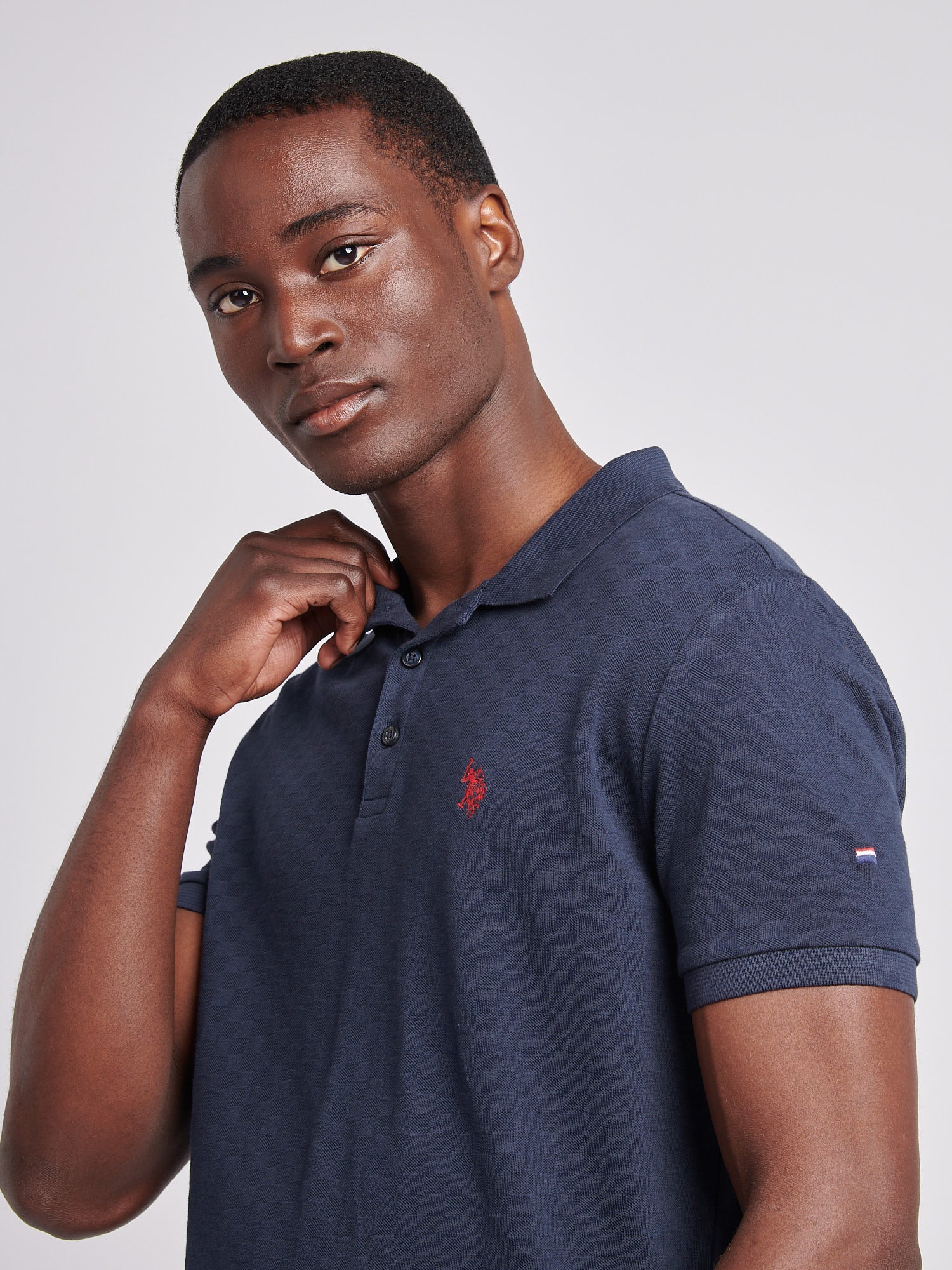 Mens Check Texture Polo Shirt in Dark Sapphire Navy / Haute Red DHM - Image 2