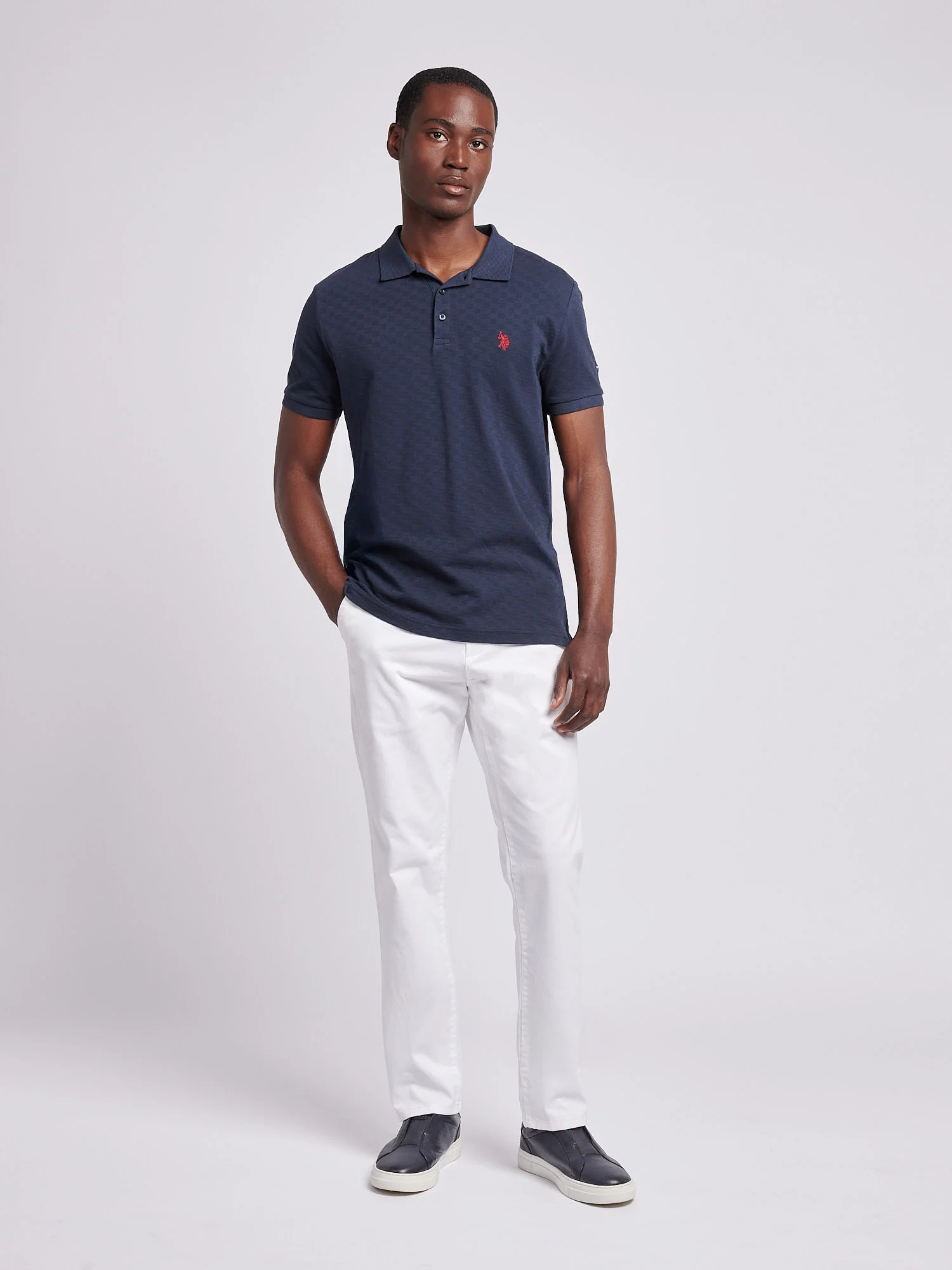 Mens Check Texture Polo Shirt in Dark Sapphire Navy / Haute Red DHM - Image 3