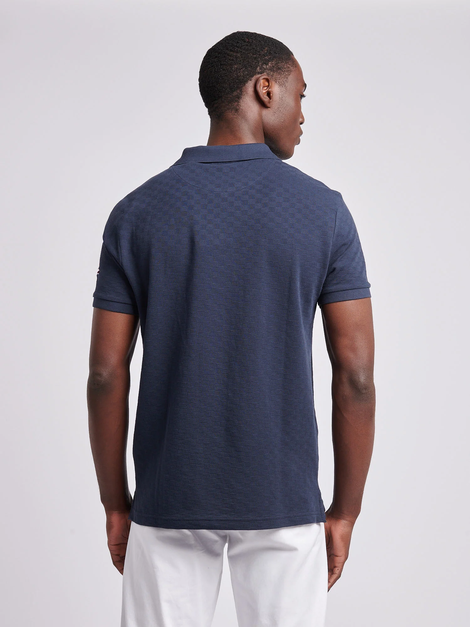 Mens Check Texture Polo Shirt in Dark Sapphire Navy / Haute Red DHM - Image 4