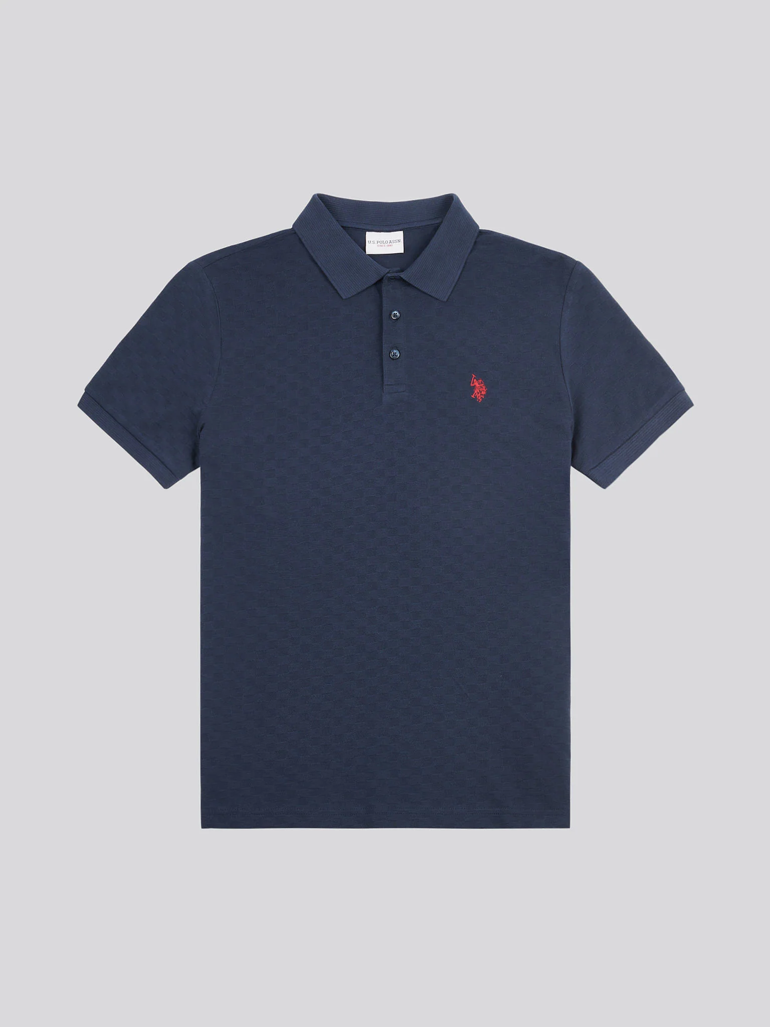 Mens Check Texture Polo Shirt in Dark Sapphire Navy / Haute Red DHM - Image 5