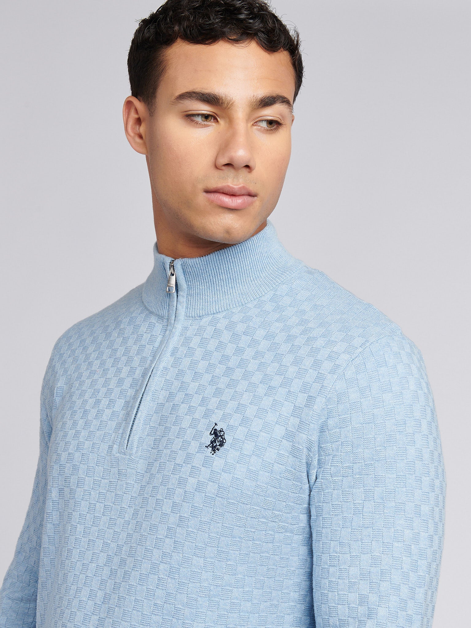 Mens Checkerboard Funnel Neck 1/4 Zip Knit in Parisian Blue Marl - Image 2