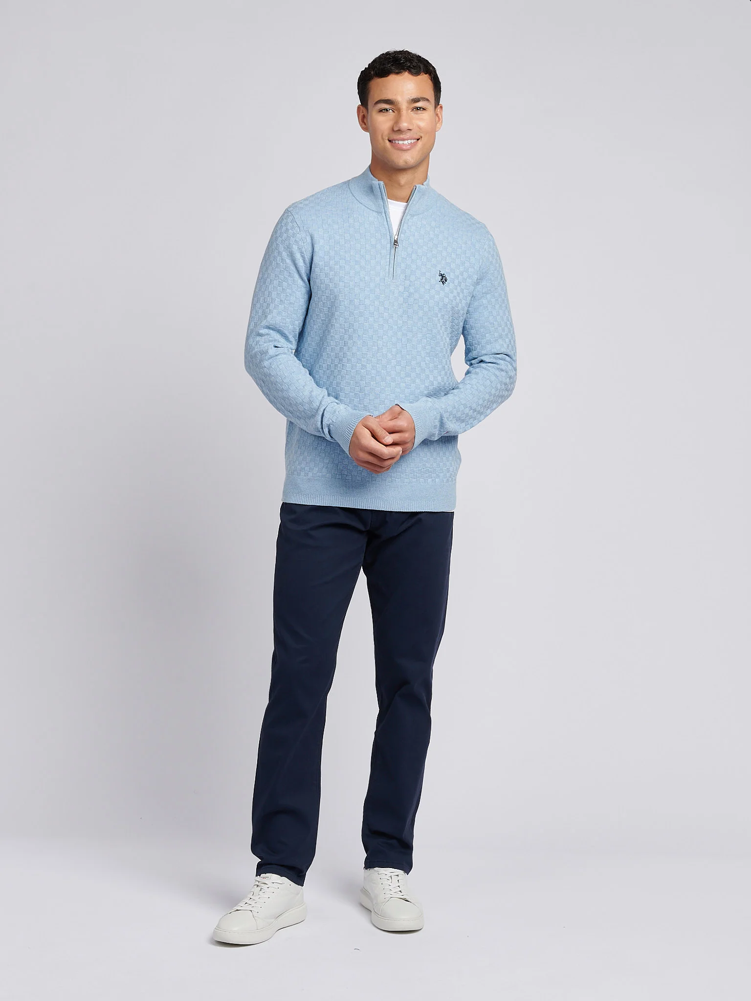 Mens Checkerboard Funnel Neck 1/4 Zip Knit in Parisian Blue Marl - Image 3