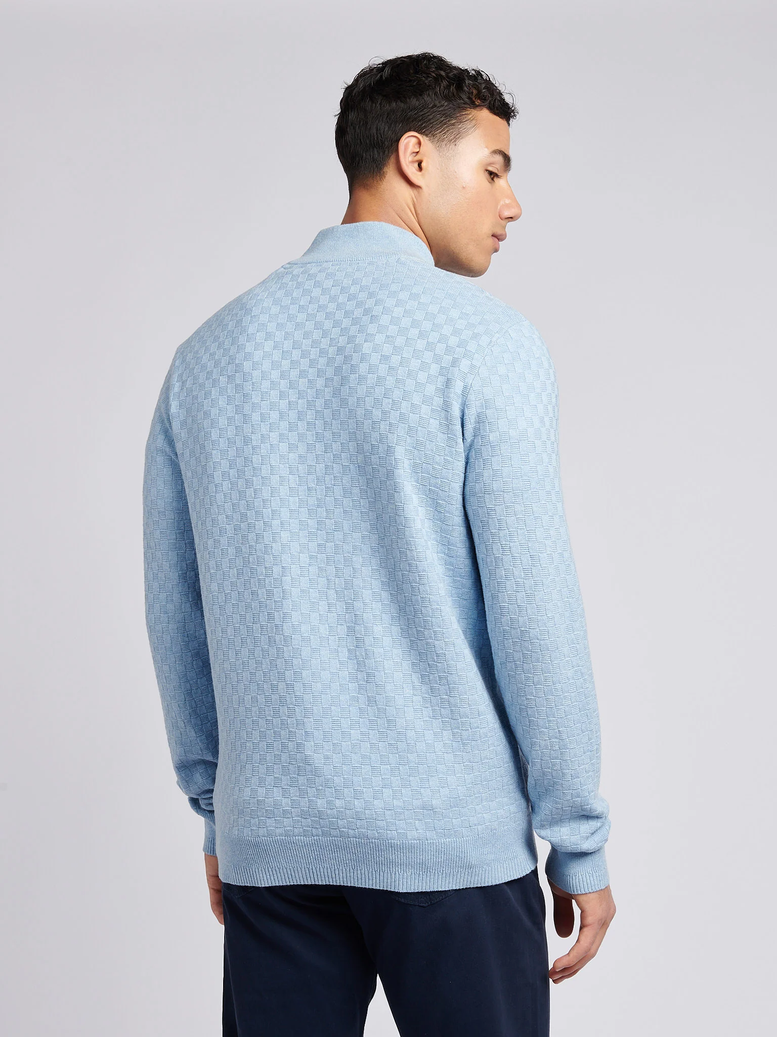 Mens Checkerboard Funnel Neck 1/4 Zip Knit in Parisian Blue Marl - Image 4