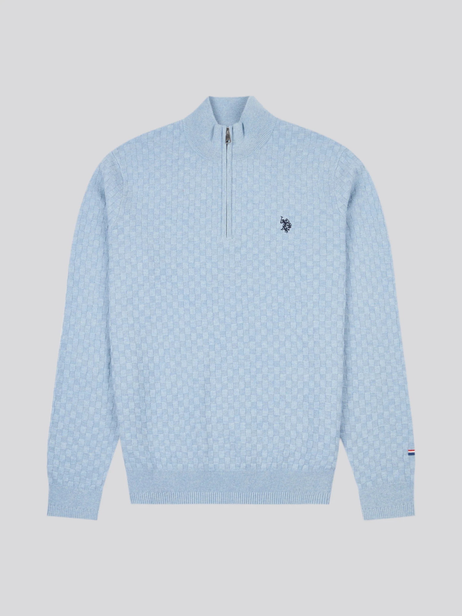 Mens Checkerboard Funnel Neck 1/4 Zip Knit in Parisian Blue Marl - Image 5