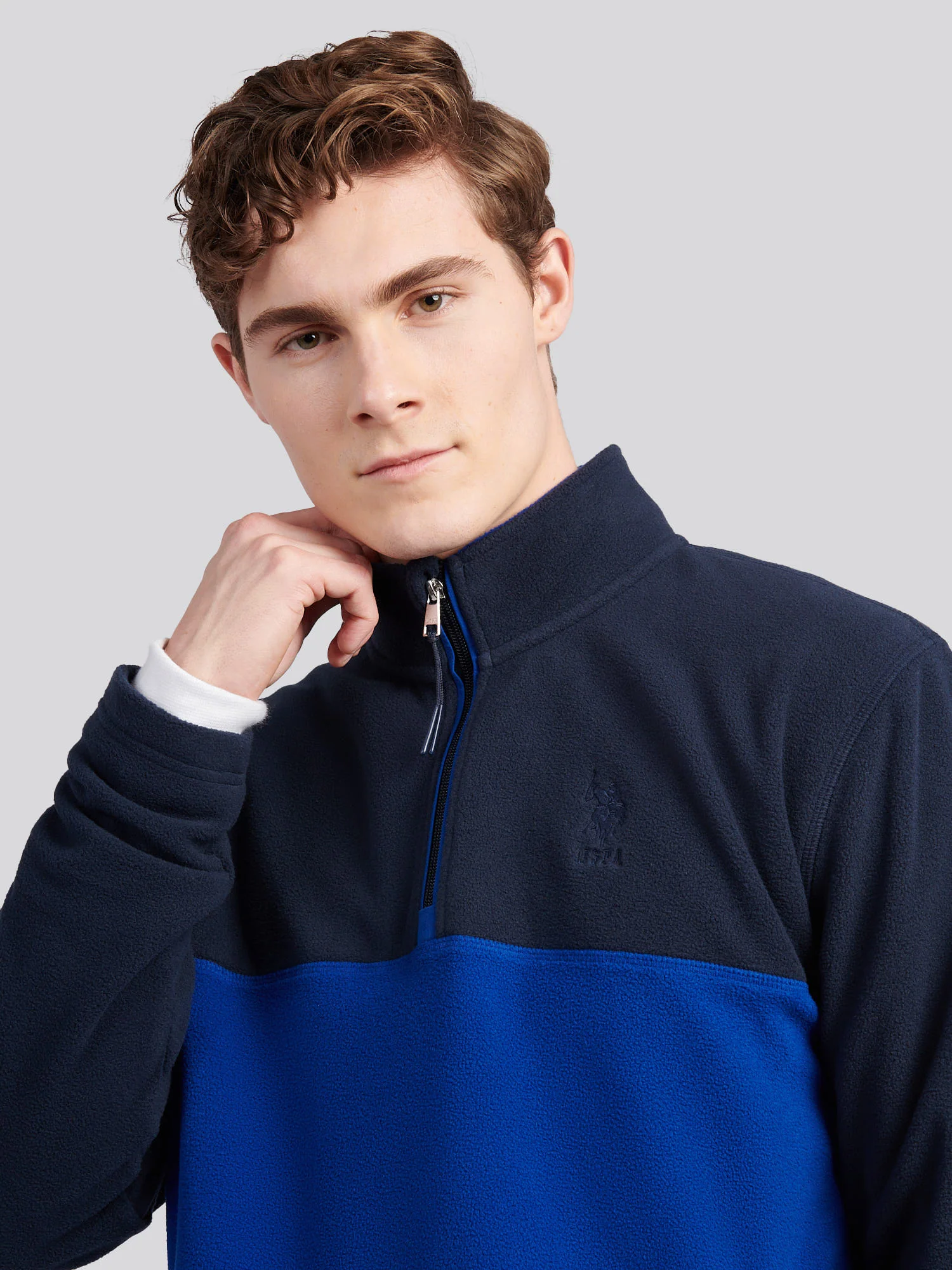 Mens Colour Block Micro Fleece Funnel in Dark Sapphire Navy - Image 2