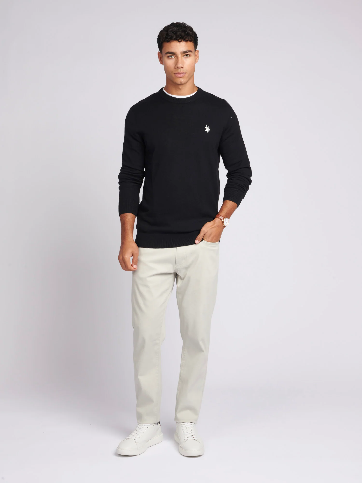 Mens Cotton Crewneck in Black Bright White DHM - Image 3