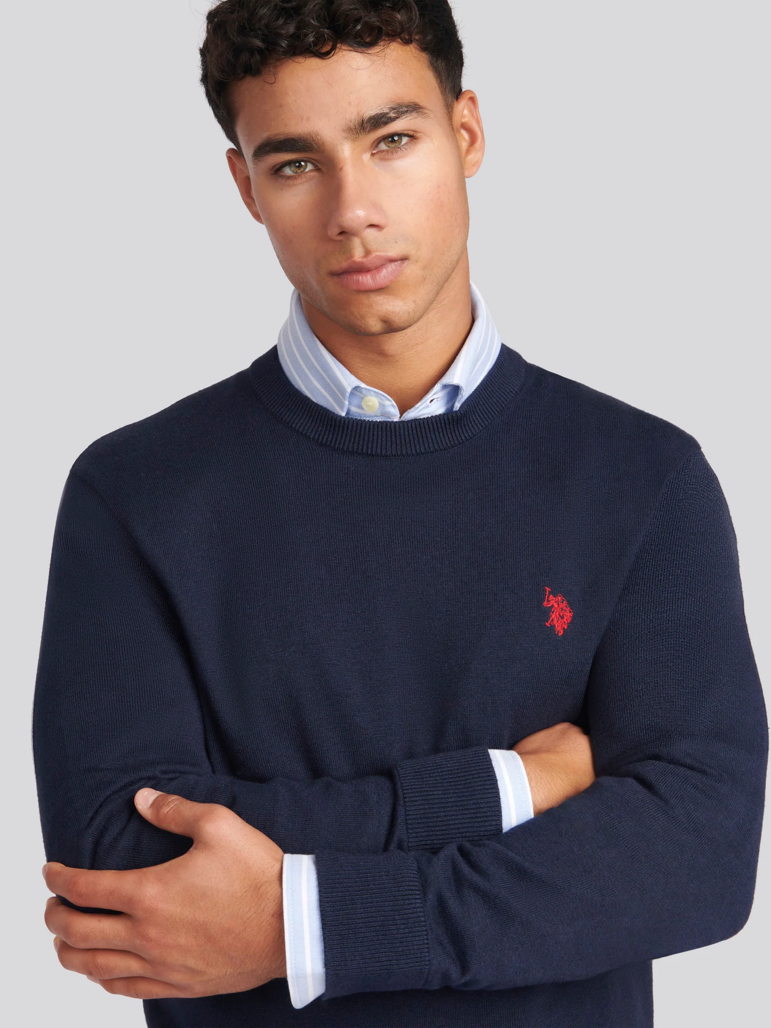 Mens Cotton Crewneck in Dark Sapphire Navy / Haute Red DHM - Image 2