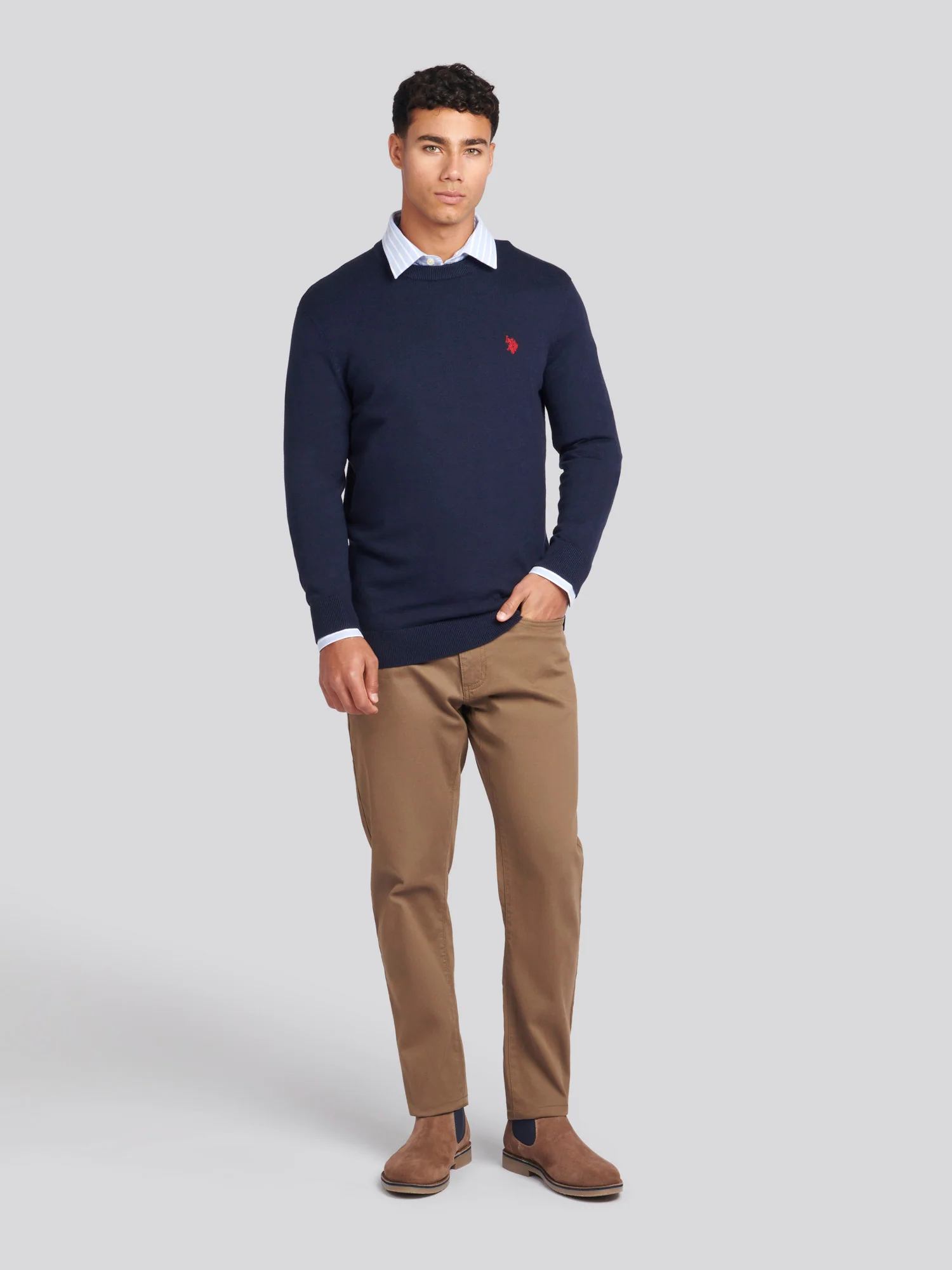 Mens Cotton Crewneck in Dark Sapphire Navy / Haute Red DHM - Image 3