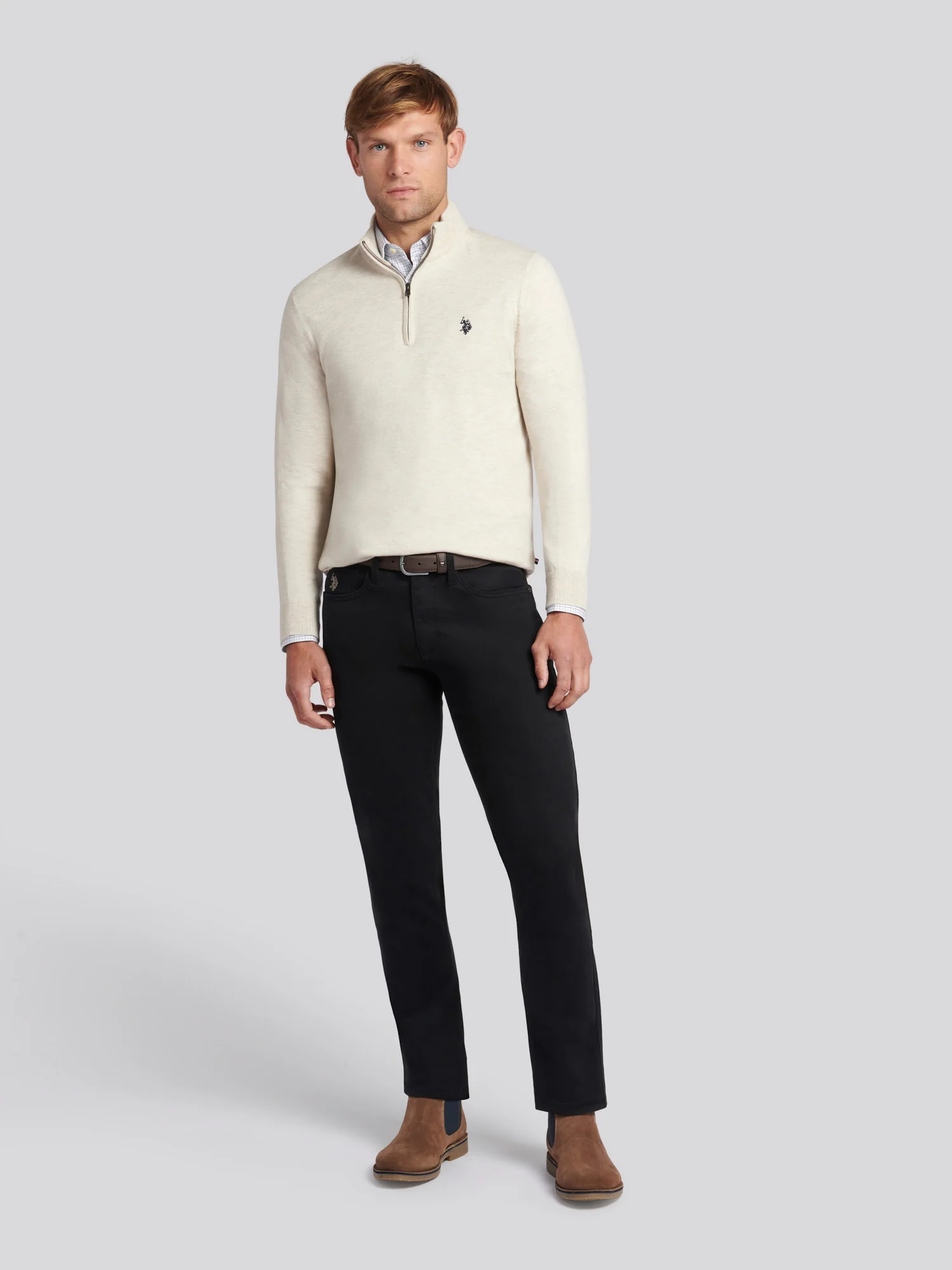 Mens Cotton Funnel Neck 1/4 Zip Knit in Birch Marl - Image 3