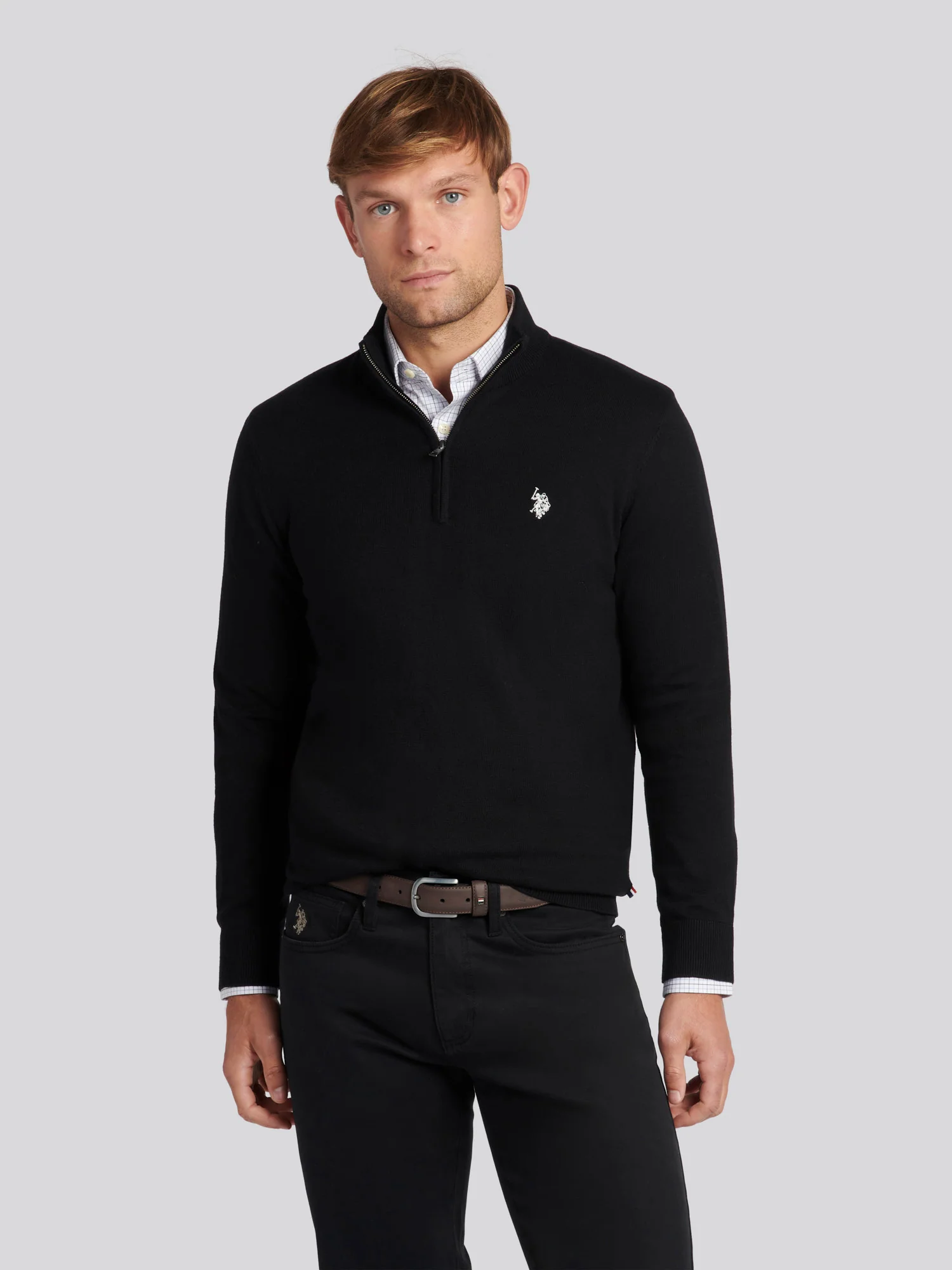 Mens Cotton Funnel Neck 1/4 Zip Knit in Black Bright White DHM