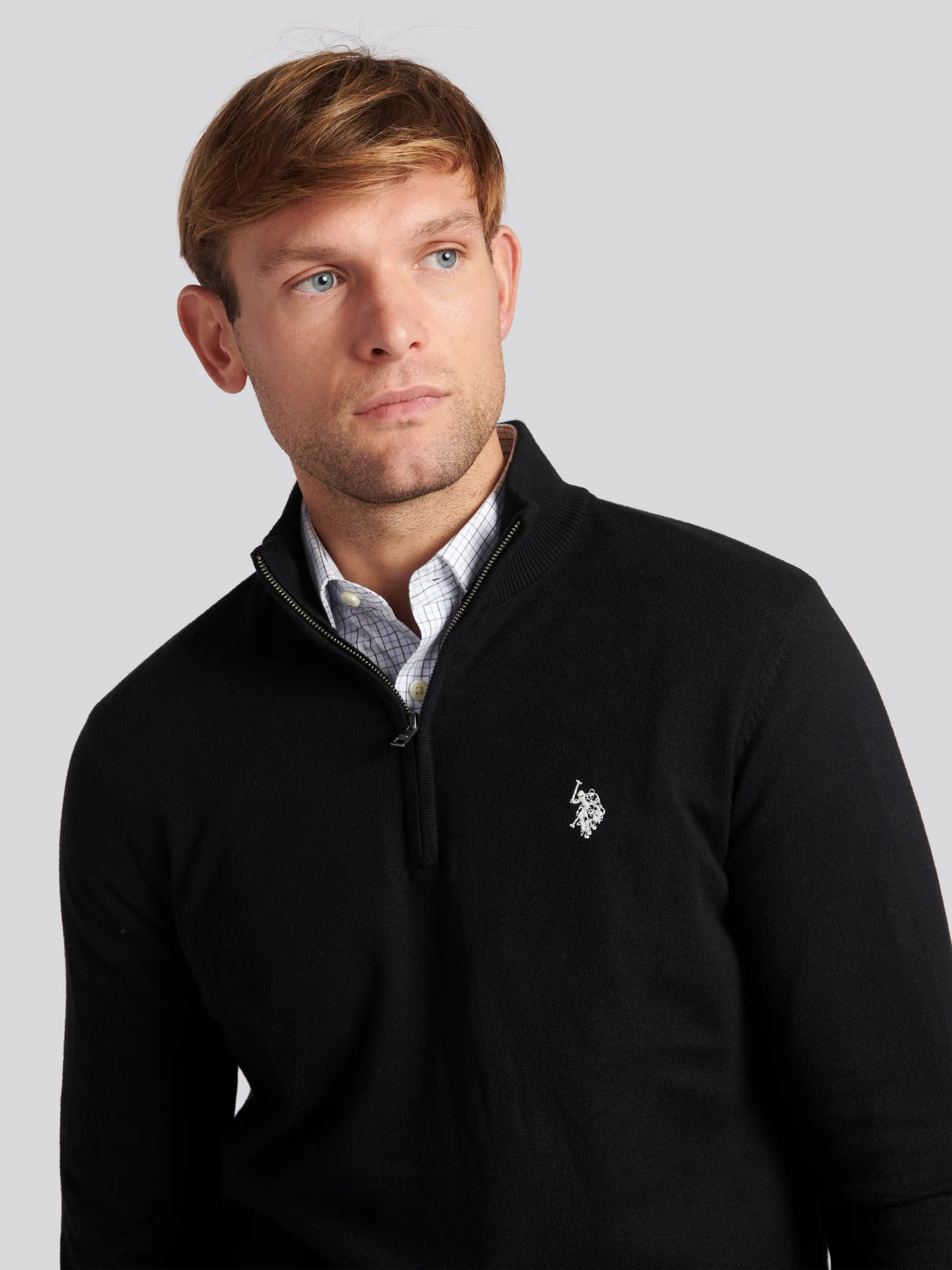 Mens Cotton Funnel Neck 1/4 Zip Knit in Black Bright White DHM - Image 2