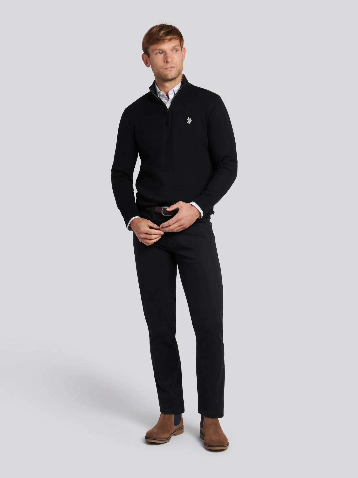 Mens Cotton Funnel Neck 1/4 Zip Knit in Black Bright White DHM - Image 3