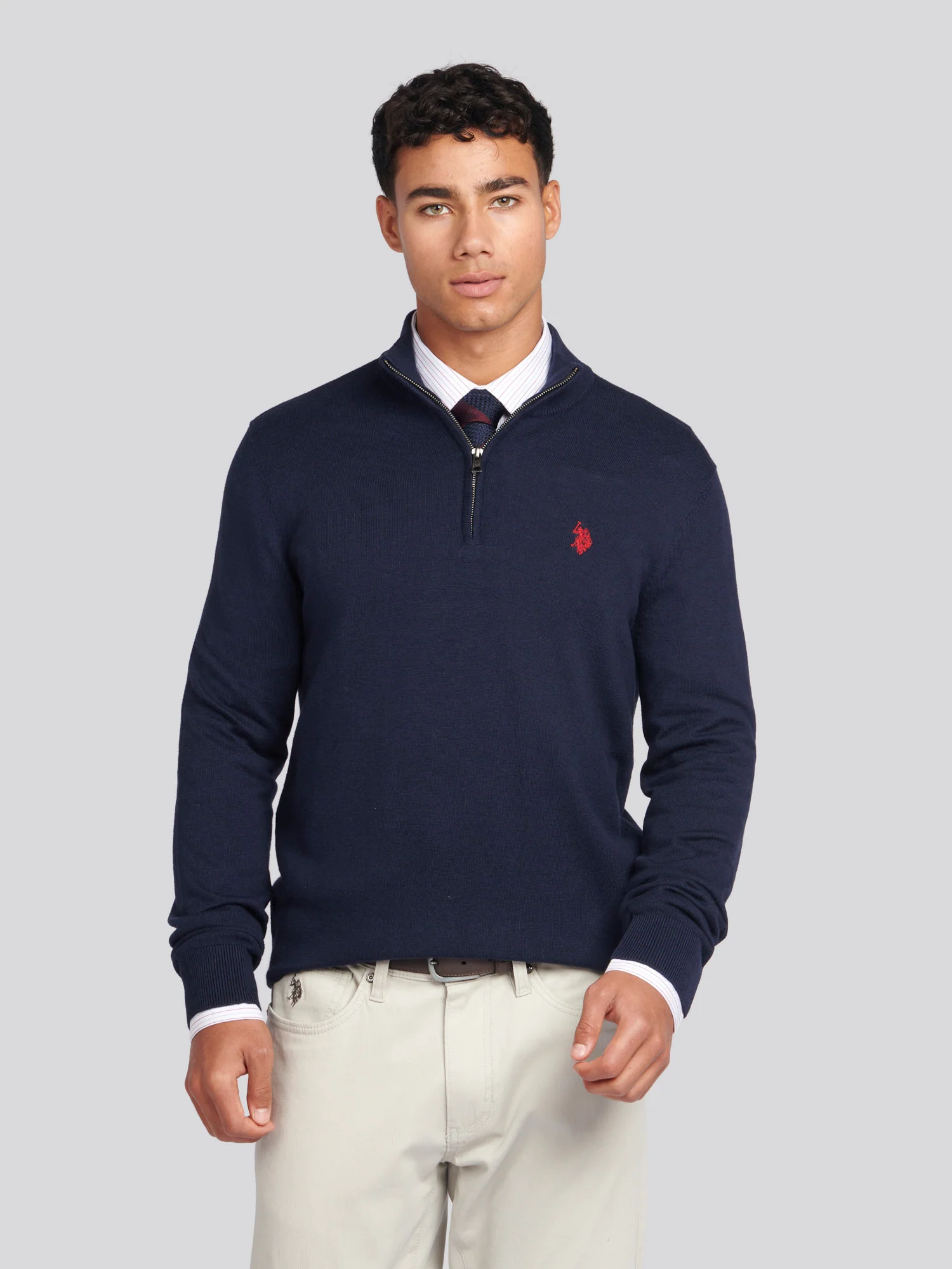 Mens Cotton Funnel Neck 1/4 Zip Knit in Dark Sapphire Navy / Haute Red DHM