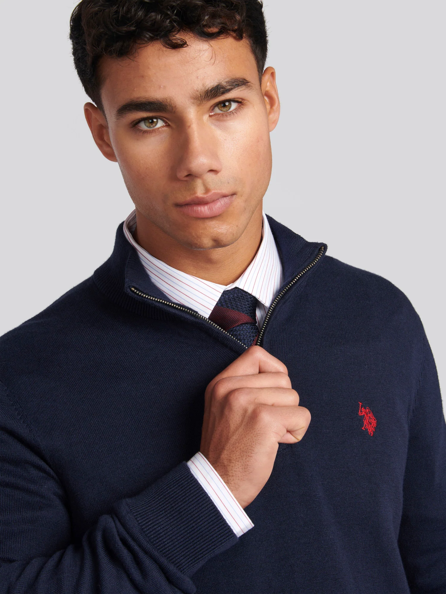Mens Cotton Funnel Neck 1/4 Zip Knit in Dark Sapphire Navy / Haute Red DHM - Image 2