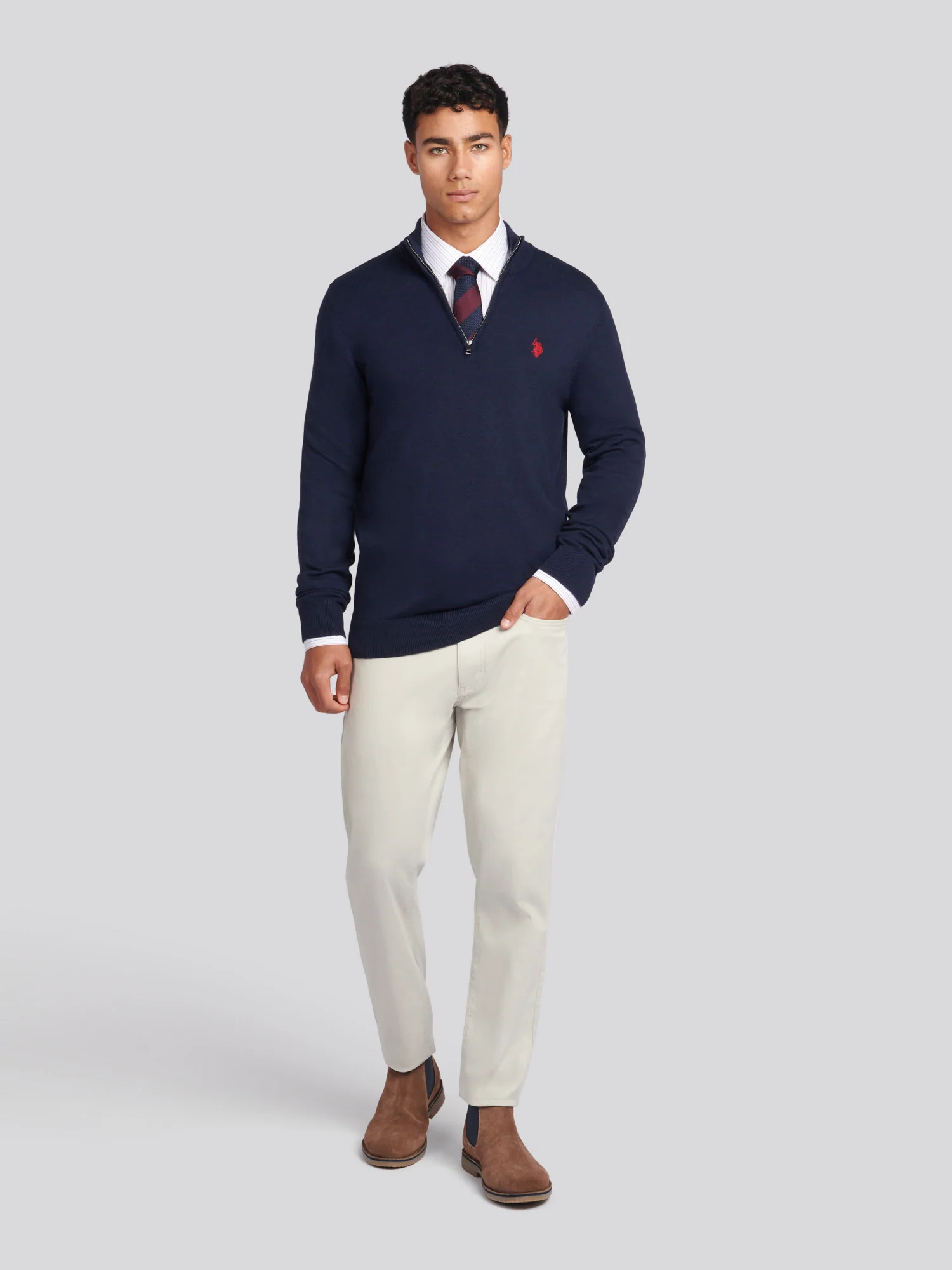 Mens Cotton Funnel Neck 1/4 Zip Knit in Dark Sapphire Navy / Haute Red DHM - Image 3
