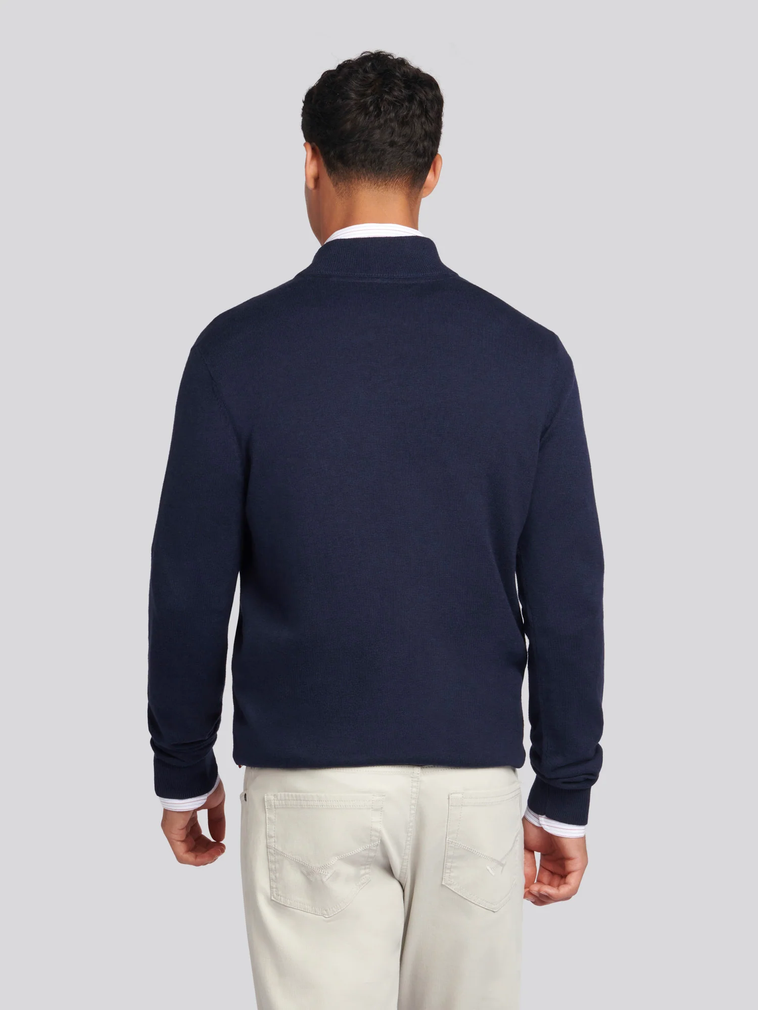 Mens Cotton Funnel Neck 1/4 Zip Knit in Dark Sapphire Navy / Haute Red DHM - Image 4