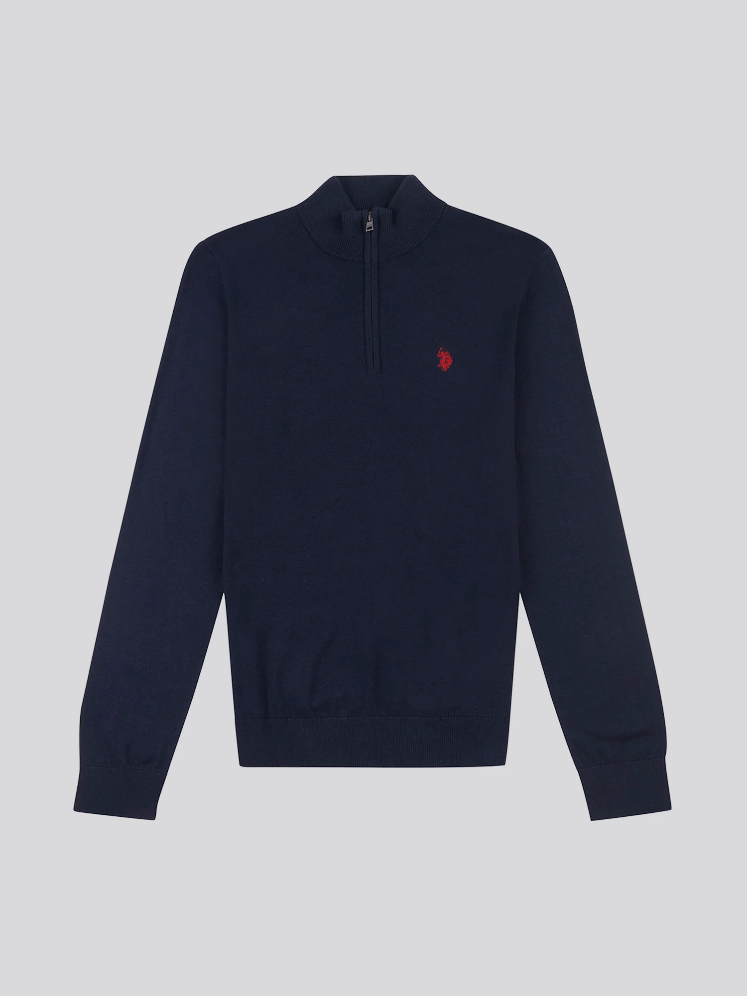 Mens Cotton Funnel Neck 1/4 Zip Knit in Dark Sapphire Navy / Haute Red DHM - Image 6