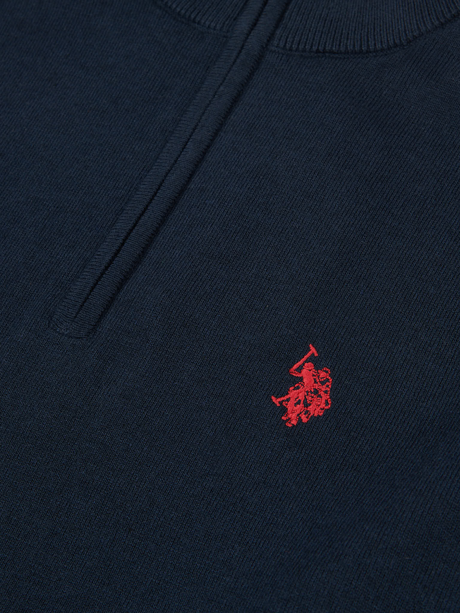 Mens Cotton Funnel Neck 1/4 Zip Knit in Dark Sapphire Navy / Haute Red DHM - Image 8