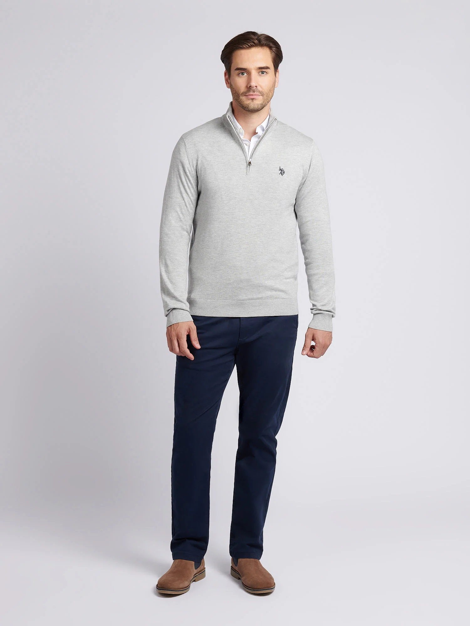 Mens Cotton Funnel Neck 1/4 Zip Knit in Mid Grey Marl - Image 3