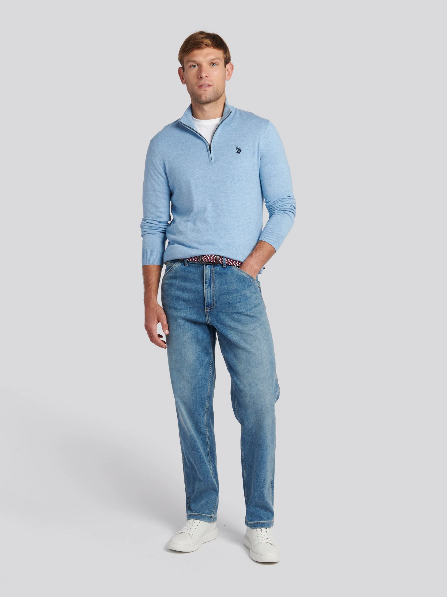Mens Cotton Funnel Neck 1/4 Zip Knit in Parisian Blue Marl - Image 3