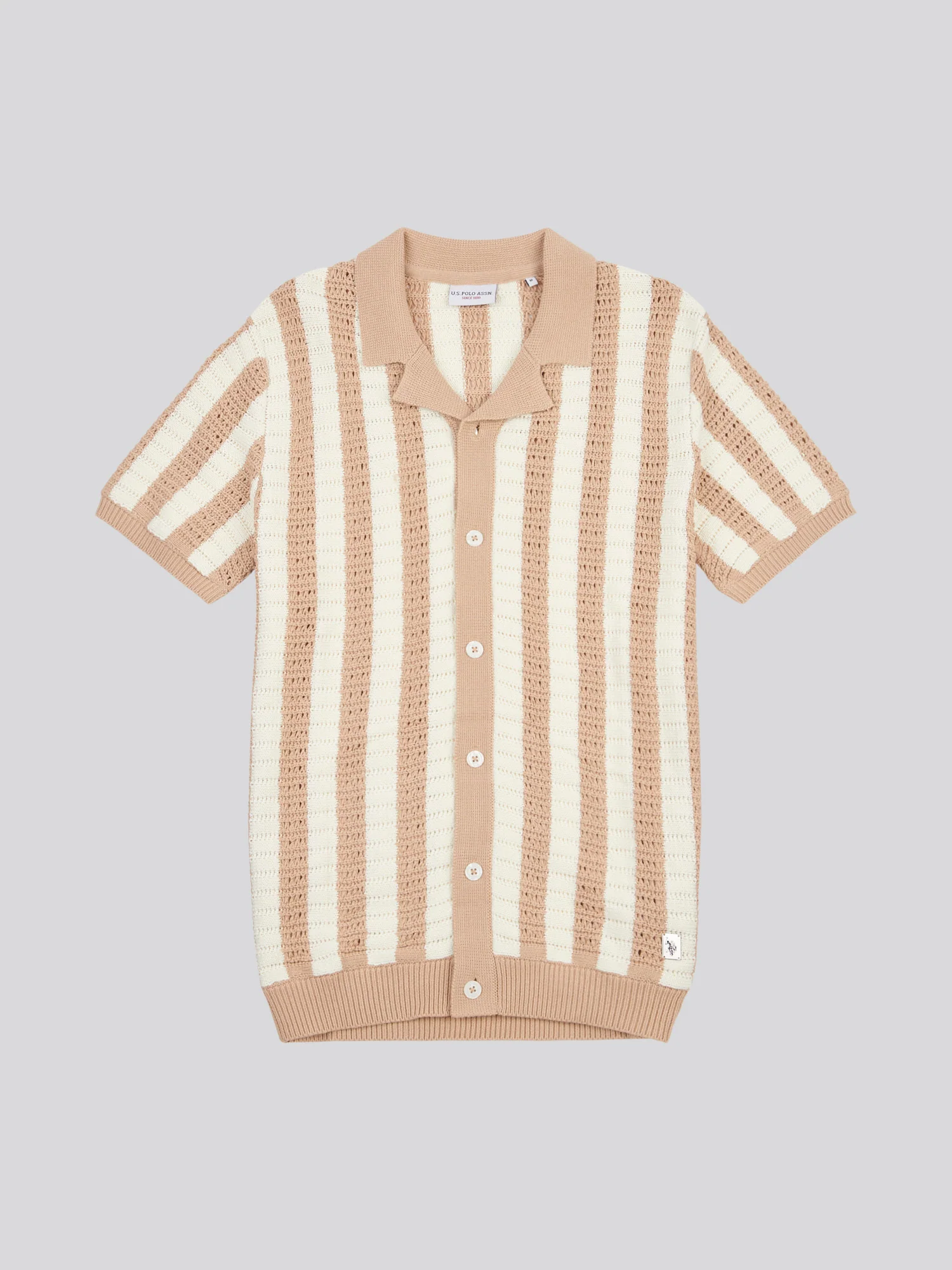 Mens Crochet Knit Open Collar Polo Shirt in Doeskin - Image 5