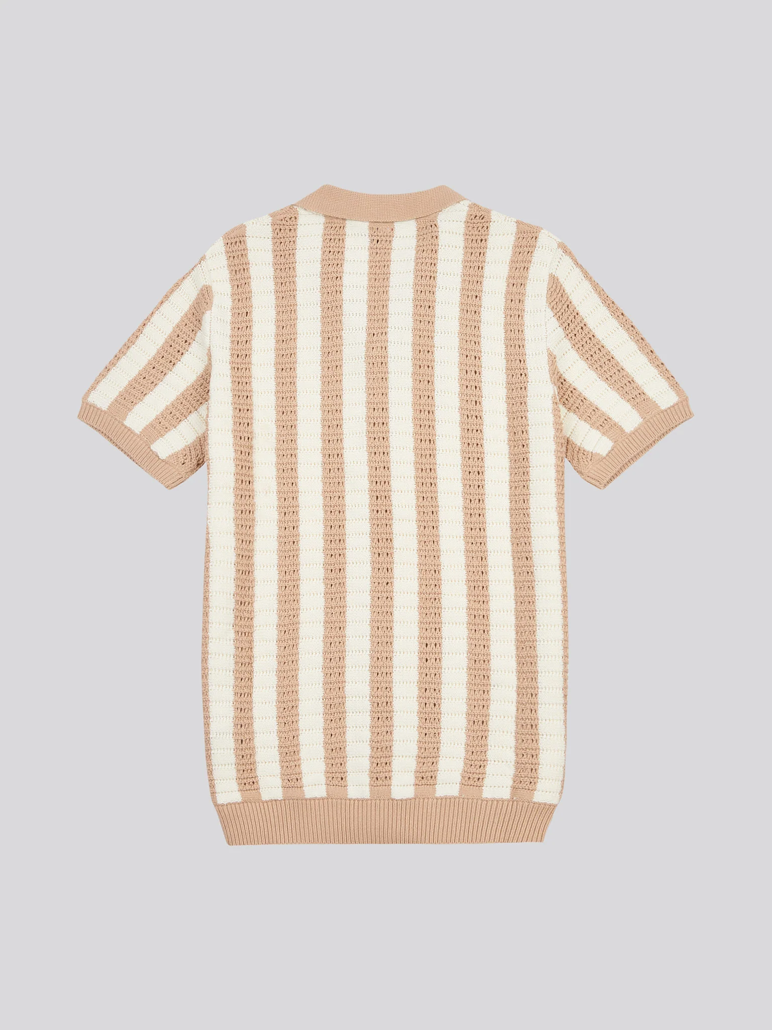 Mens Crochet Knit Open Collar Polo Shirt in Doeskin - Image 6