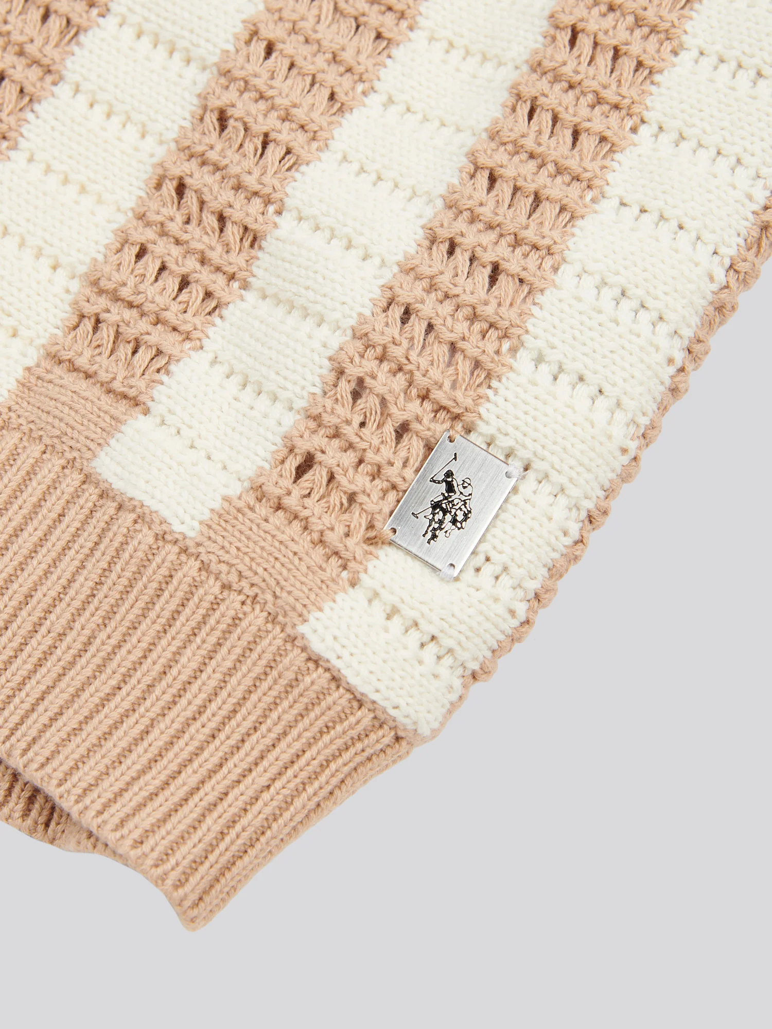 Mens Crochet Knit Open Collar Polo Shirt in Doeskin - Image 7