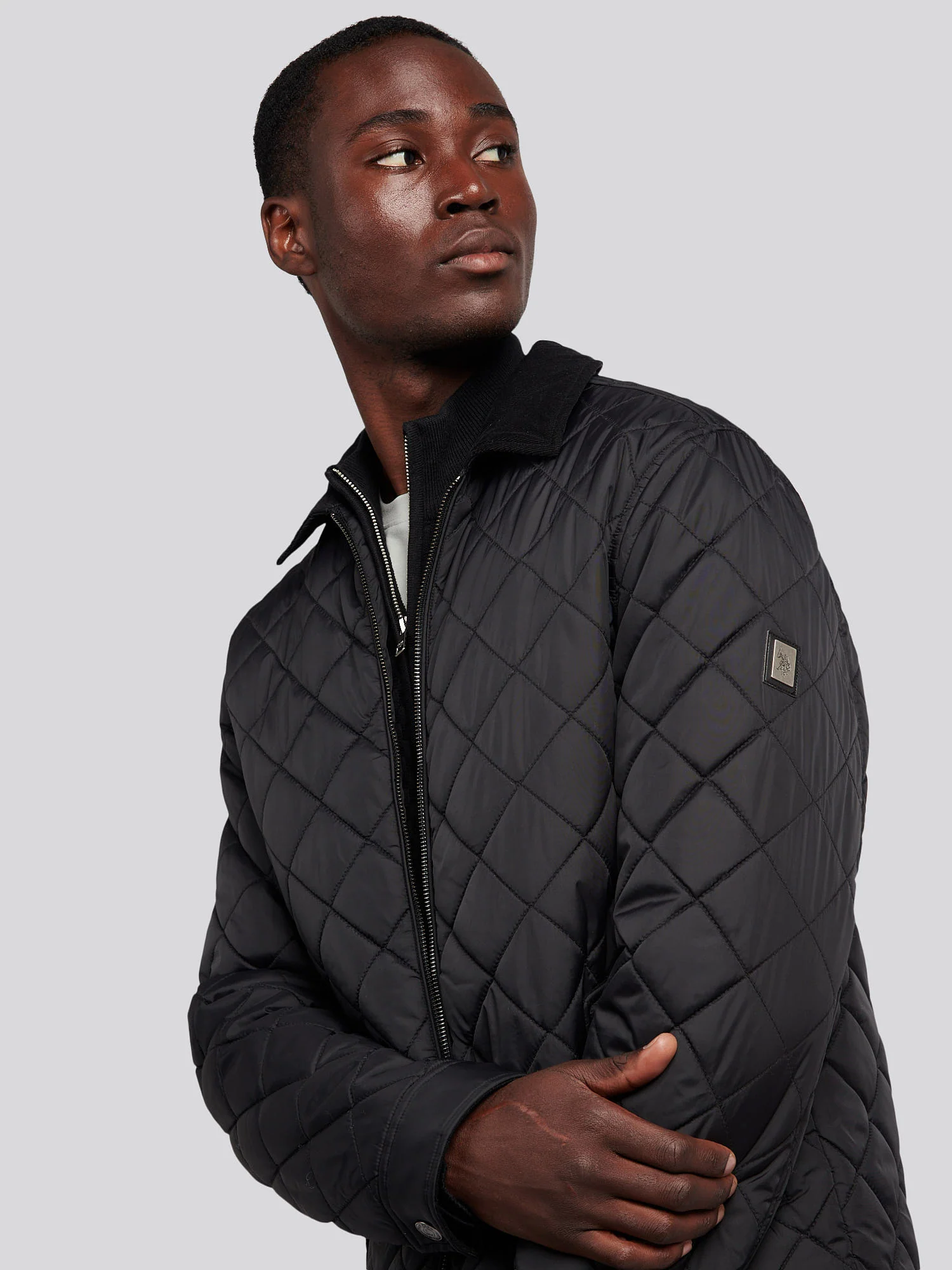 Mens Diamond Quilt Padded Collared Jacket in Black - Image 2